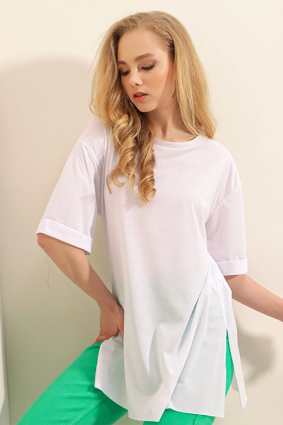 Bigdart  4123 Geschlitztes Oversize-T-Shirt – Weiß