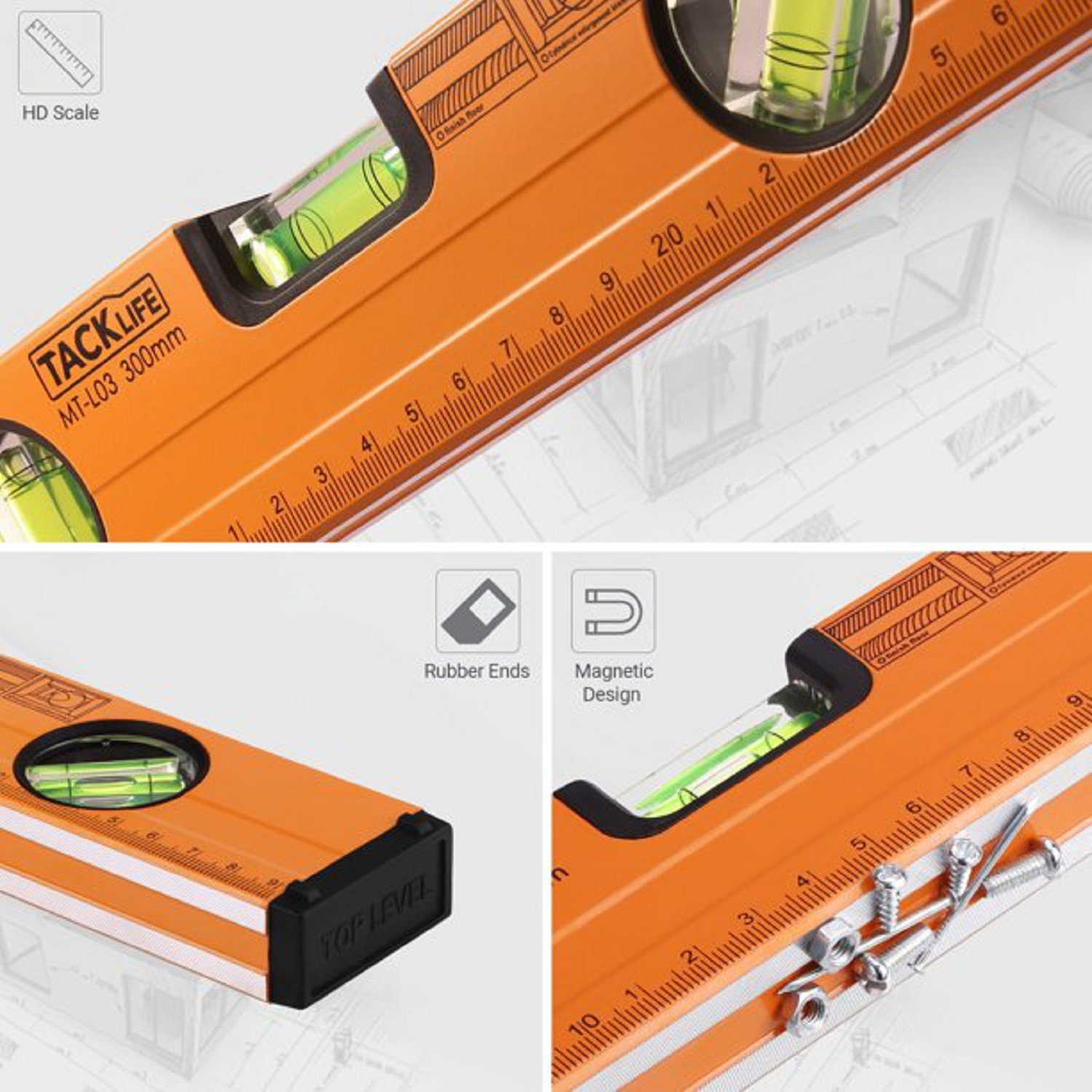 TACKLIFE Wasserwaage, 300mm Röhrenlibelle mit 3 Messwegen und Magneten