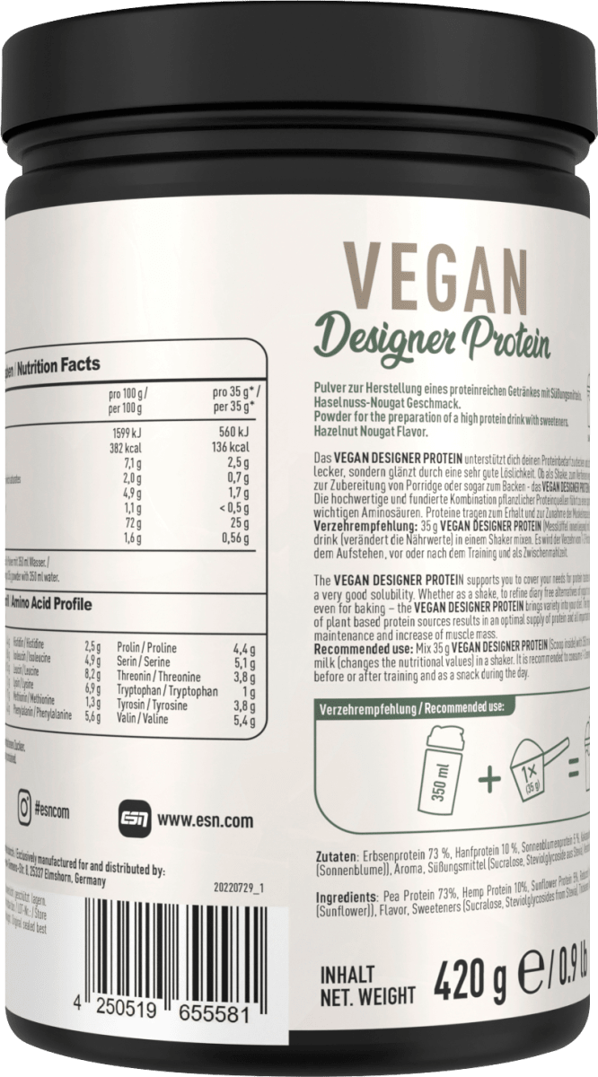 Proteinpulver Designer Protein, Hazelnut Nougat, vegan, 420 g