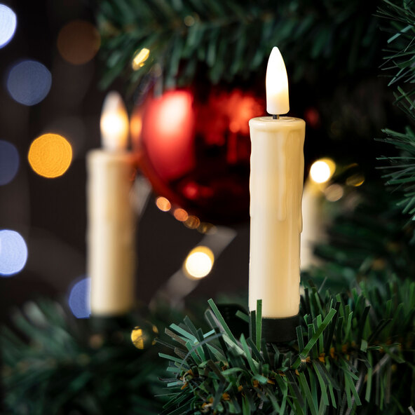 Kabellose Christbaumkerzen, Wachstropfenoptik, creme mit grünem Clip, 15 Stücke
