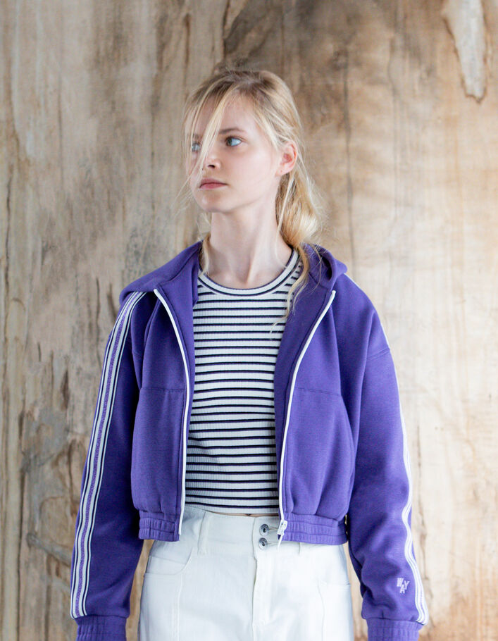 Cardigan violet zippé avec galons rayés fille