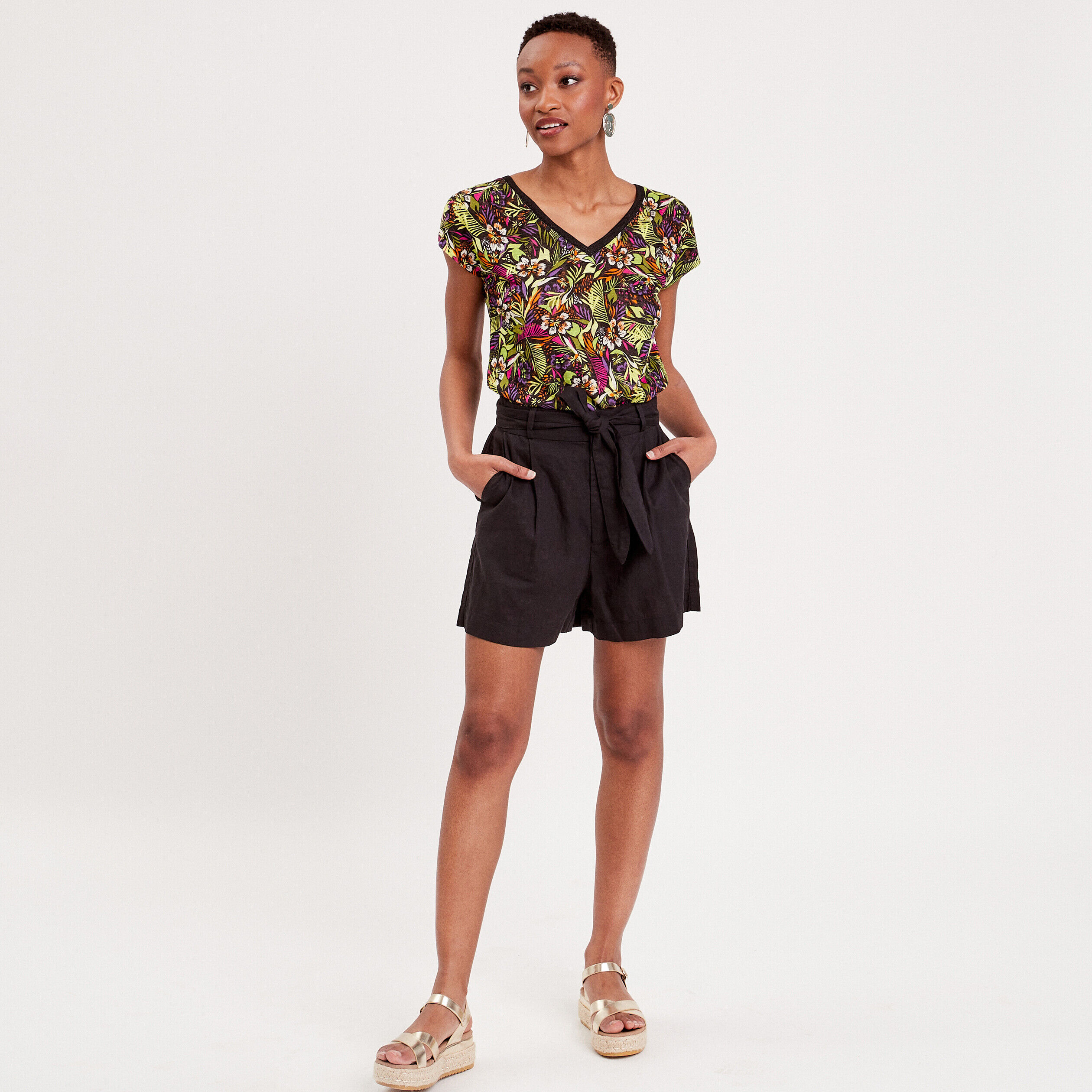 Short ample ceinturé noir femme | Cache Cache