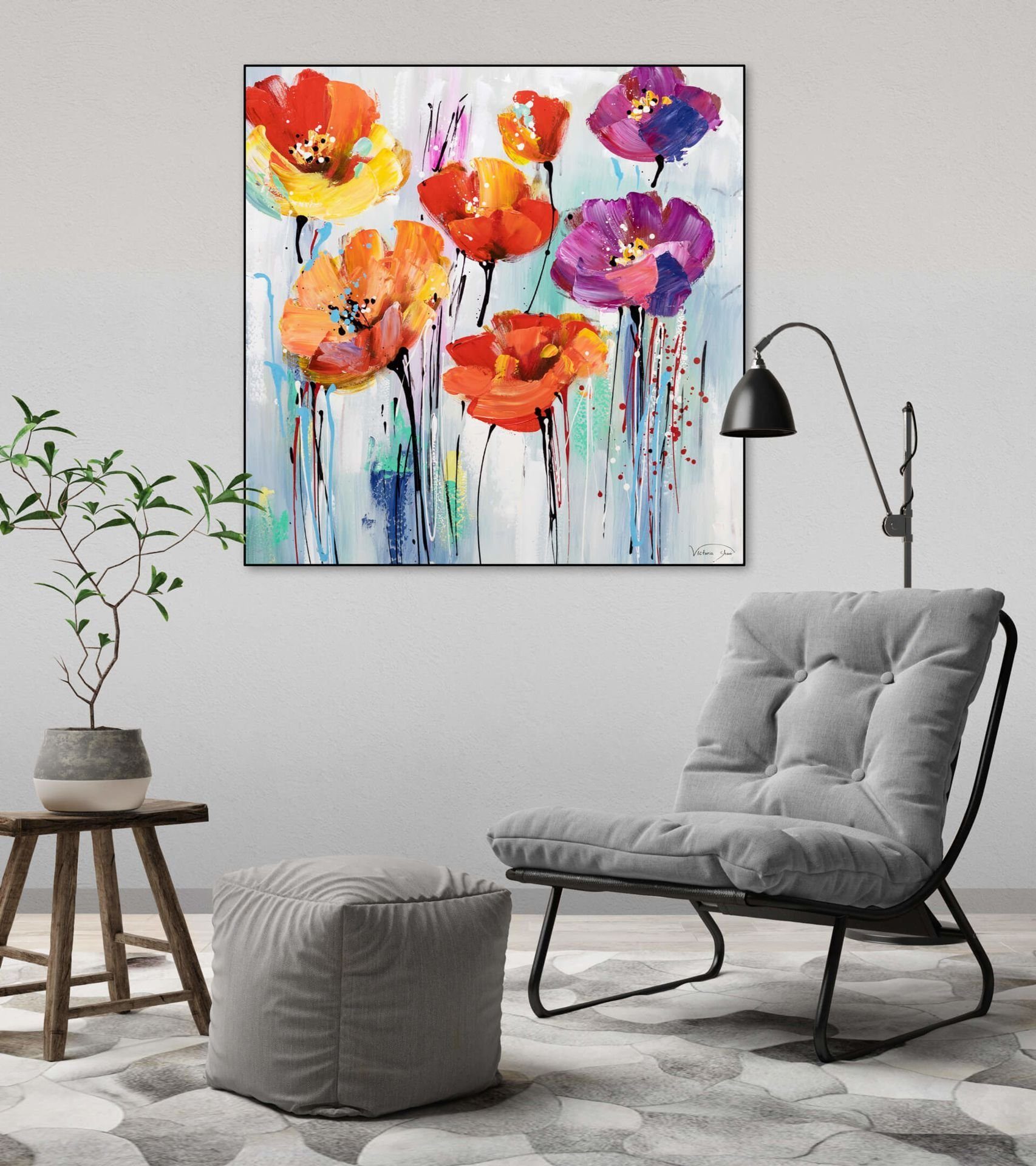KUNSTLOFT Gemälde Bunter Blumengruß 80x80 cm, Leinwandbild 100% HANDGEMALT Wandbild Wohnzimmer