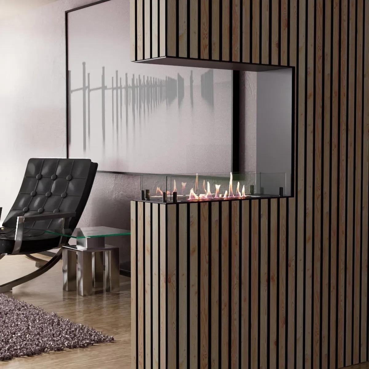 Foco Foco Raumteiler 600 Slim, Schwarz, 60x50x20 cm, Bioethanol-Einbaukamin, manueller Brenner, 7,5 Stunden Brenndauer, 2,4 kW.