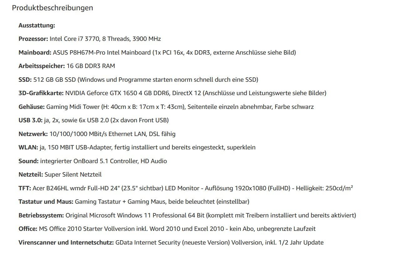 Shinobee i7 Windows Gaming Computer mit Monitor All in One Office PC Gamer Home Business-PC (24 Zoll, Intel Core i7, Nvidia GTX 1650, 16 GB RAM, 500 GB SSD, Luftkühlung, Multimedia Workstation, Zocker, Komplettset, Angebot, Bildschirm, Laptop)