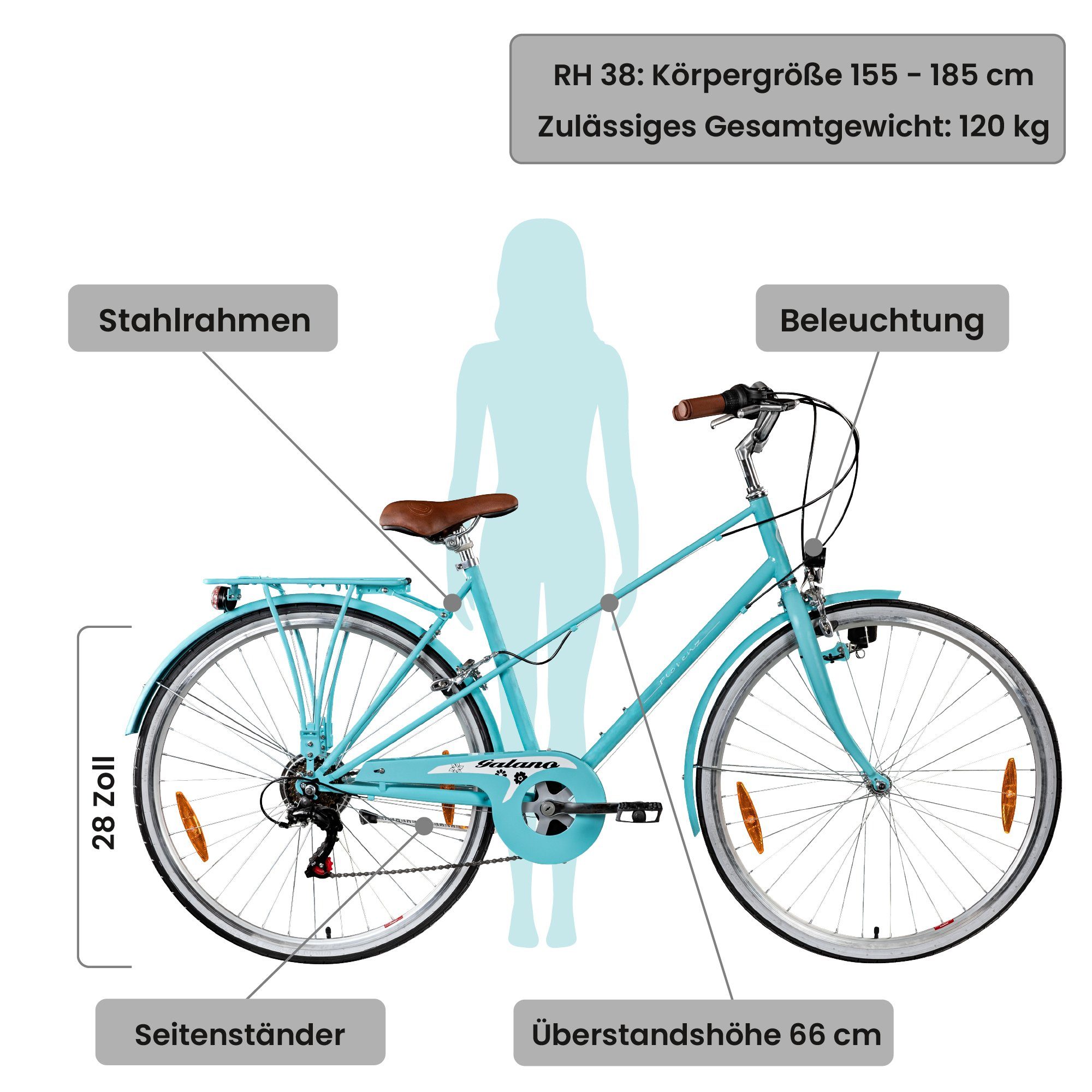 Galano Cityrad Florenz, 6 Gang, Kettenschaltung, Galano Florenz 28 Zoll 155-185cm Cityrad 6 Gänge retro Fahrrad V-Brake
