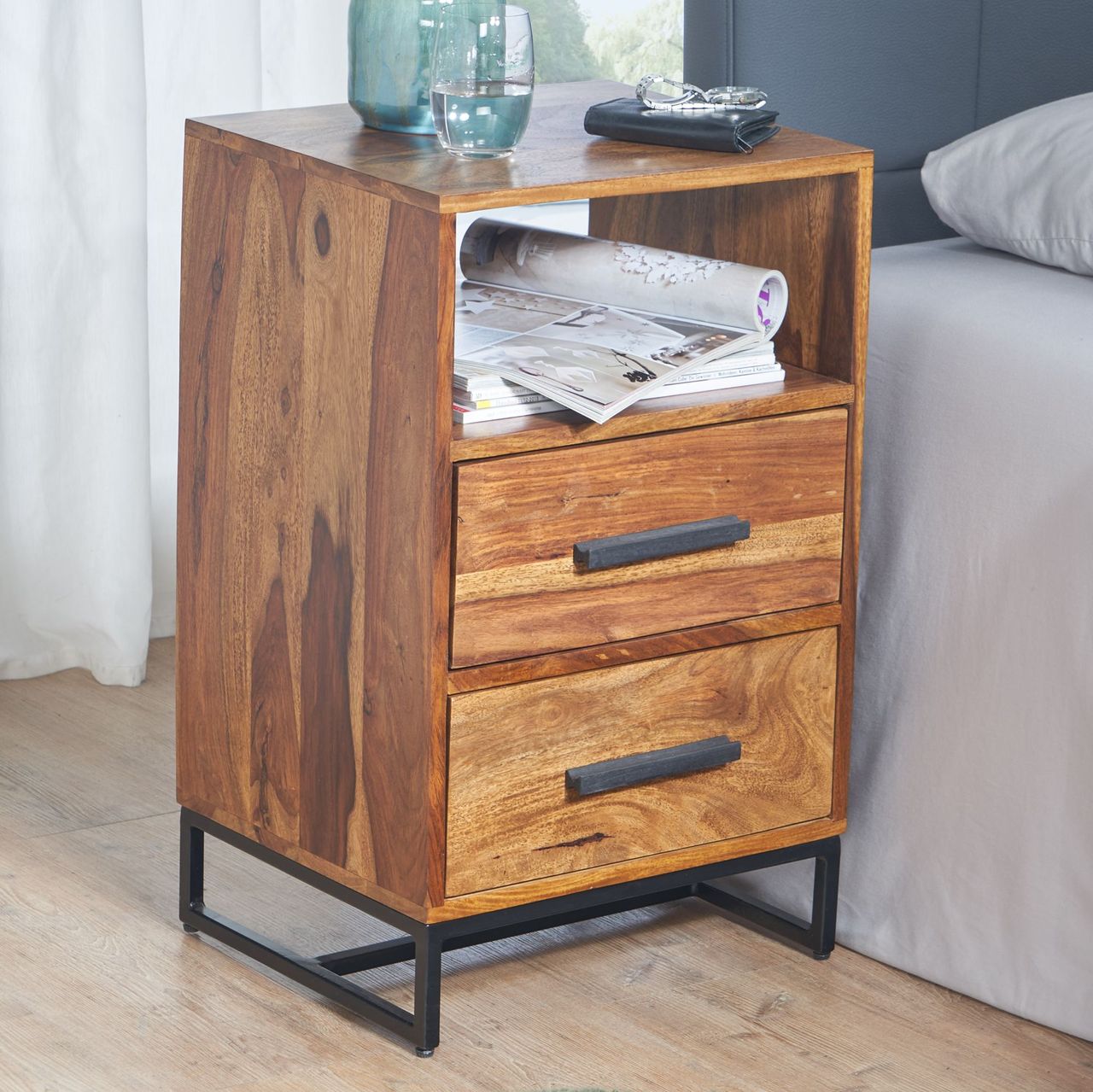 Skyport WOHNLING Nachttisch Boxspringbett Massivholz 40x35x66 cm Nachtkommode Schubladen
