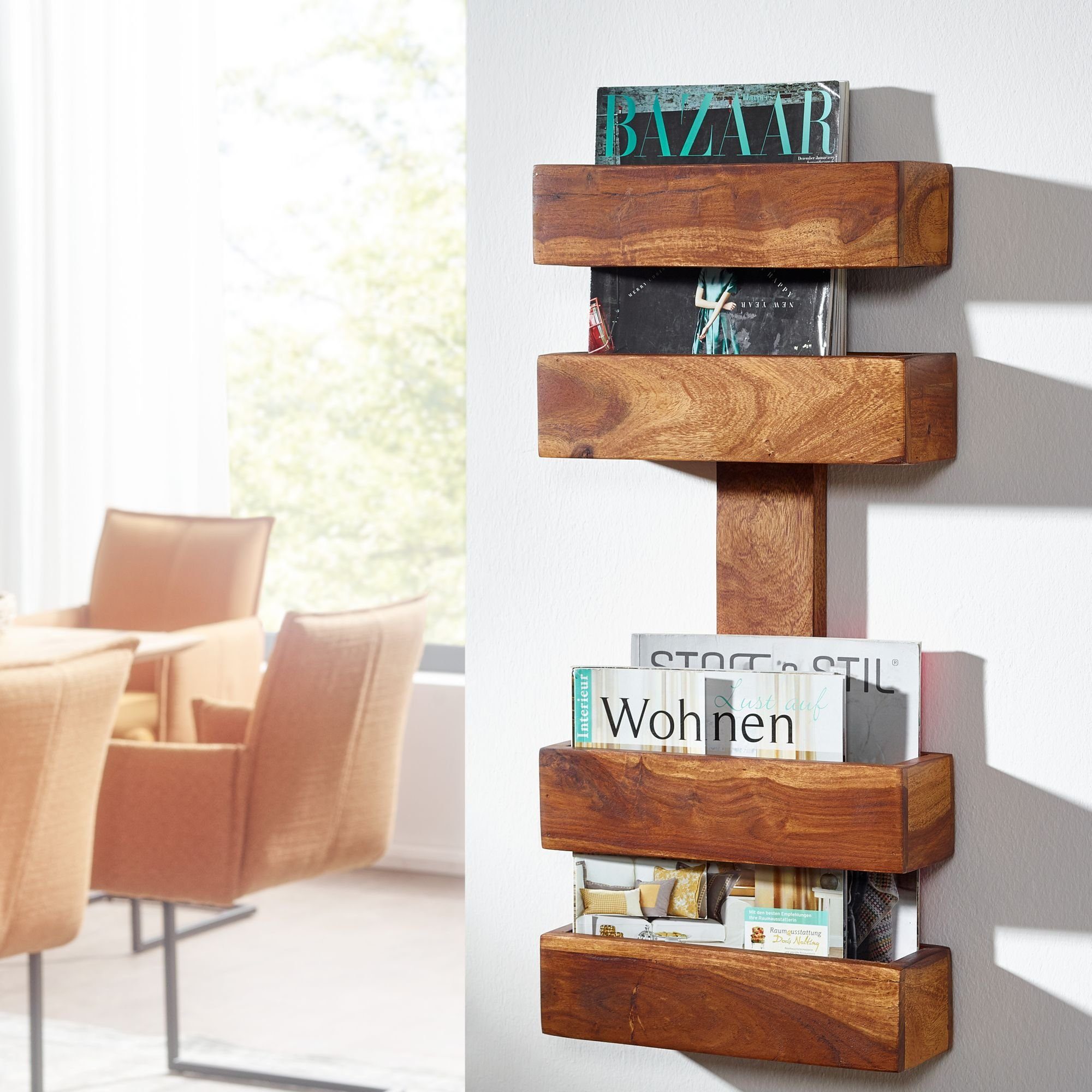 möbelando Zeitungsständer Zeitungsständer MUMBAI Massivholz Sheesham 2 Ablag, Zeitungsständer MUMBAI Massivholz Sheesham 2 Ablagefächer Zeitschriften-Ständer Design Prospekt-Halter Landhausstil