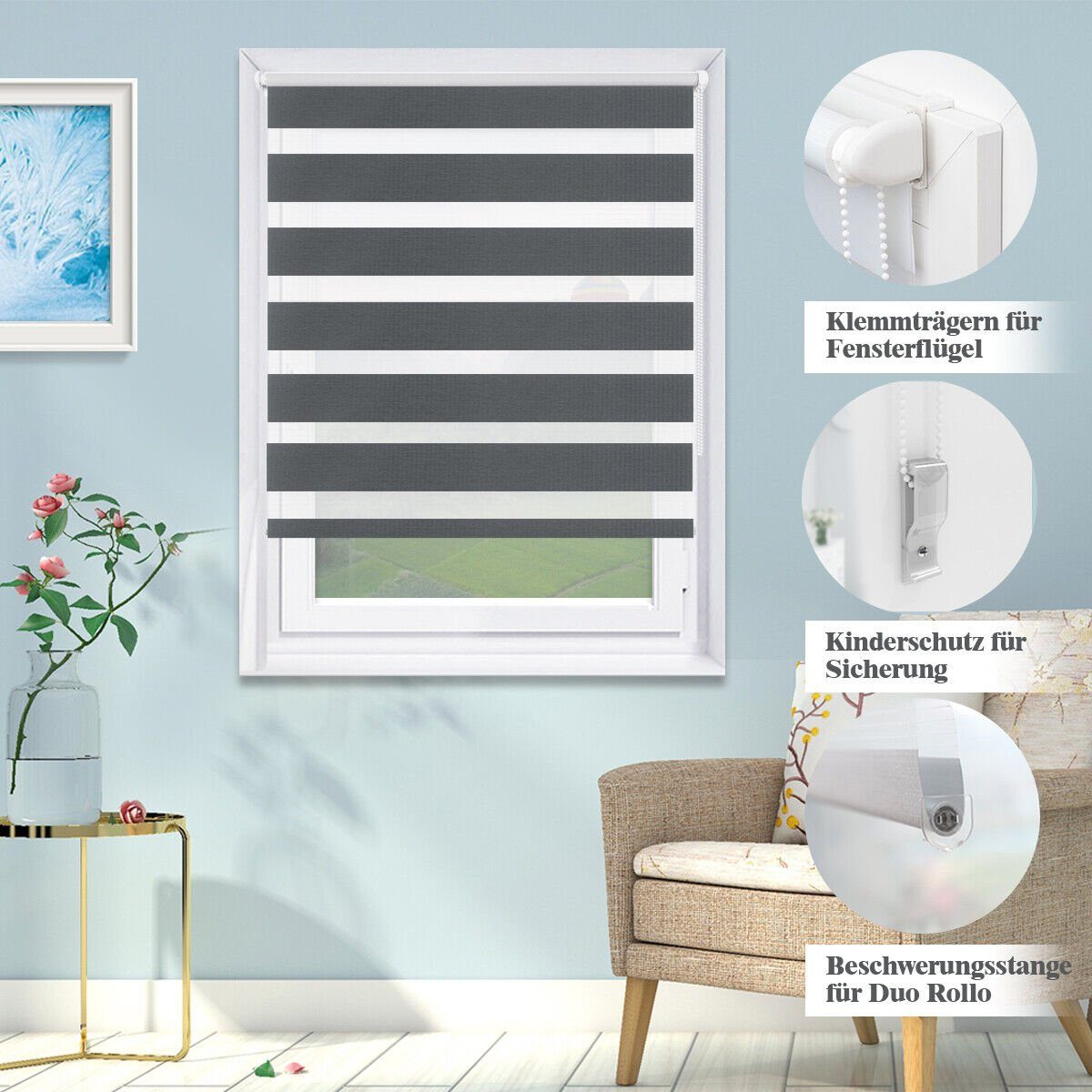 Doppelrollo ohne Bohren 130cm/150cm/230cm, OUBO, freihängend, verspannt, Klemmfix, Klemmträger, Für Fenster und Tür mit Klemmträger lichtdurchlässig verdunkelnd