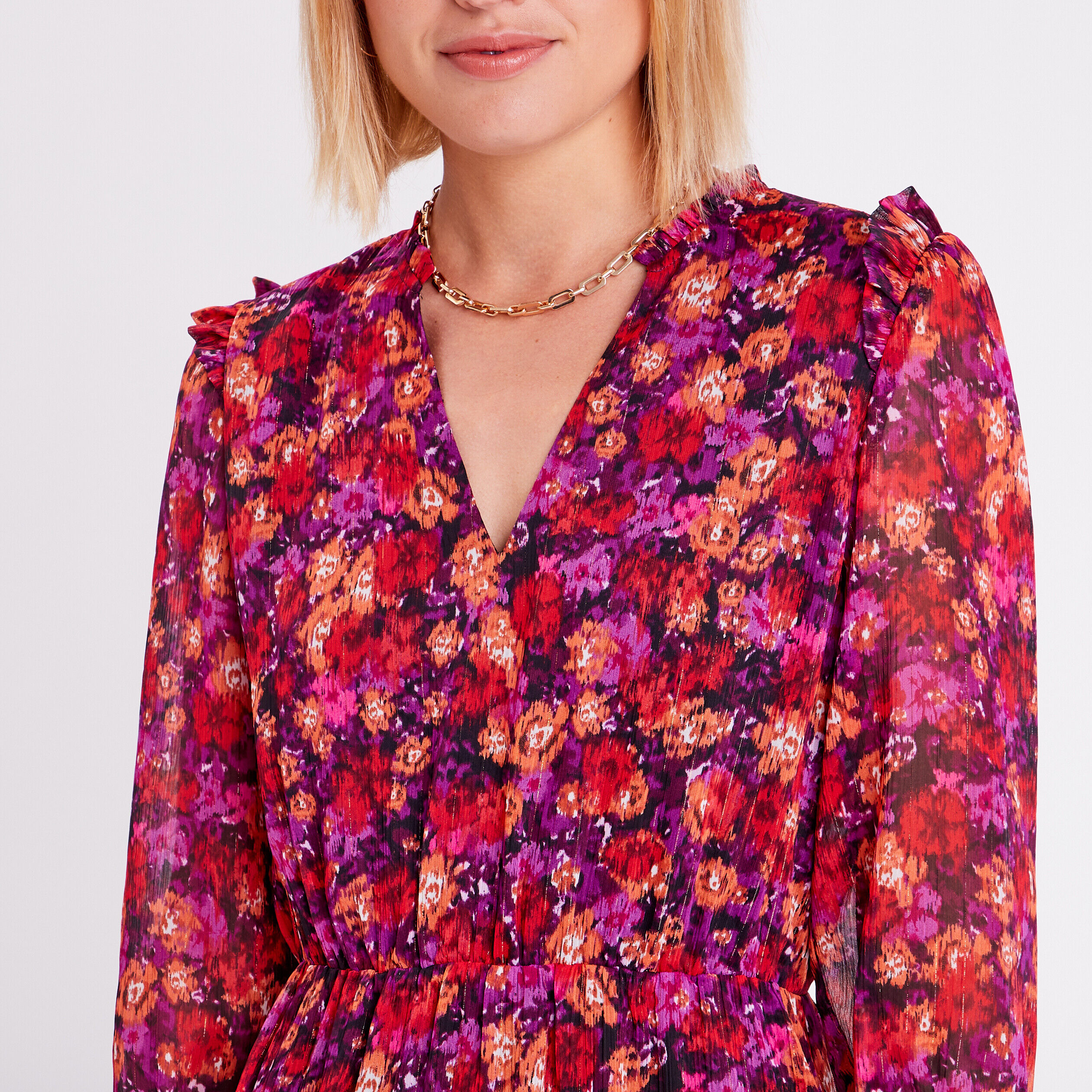 Robe longue évasée volantée rose fushia femme | Cache Cache