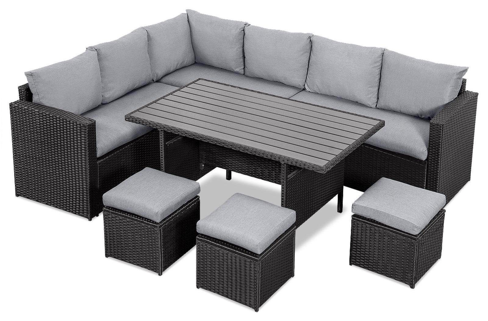MeXo von GLP HOME Gartenlounge-Set Wetterfest Polyrattan Sitzgruppe Gartenmöbel-Set für 6-10 Personen, (Gartengarnitur, Loungeset mit Kissen, 2-Sitzer, Ecksofa, Esstisch, 3 Hocker), Essgruppe für Terrasse Garten Lounge Balkon Indoor Outdoor