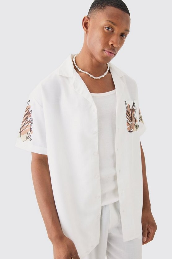 Leinen-Look Hemd mit floralem Saum & Hose