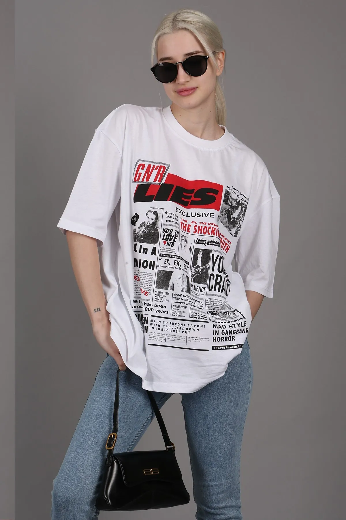 Madmext  Weißes, hinten bedrucktes Over-Fit-Damen-T-Shirt Mg1506