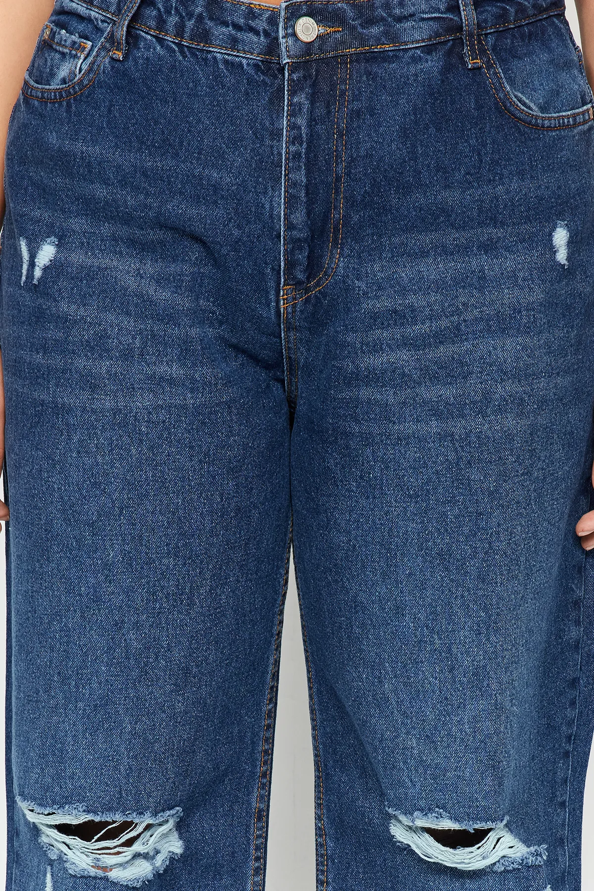 Trendyol Curve  Dunkelblaue zerrissene Jeans mit hoher Taille und weitem Bein TBSSS22JE00006