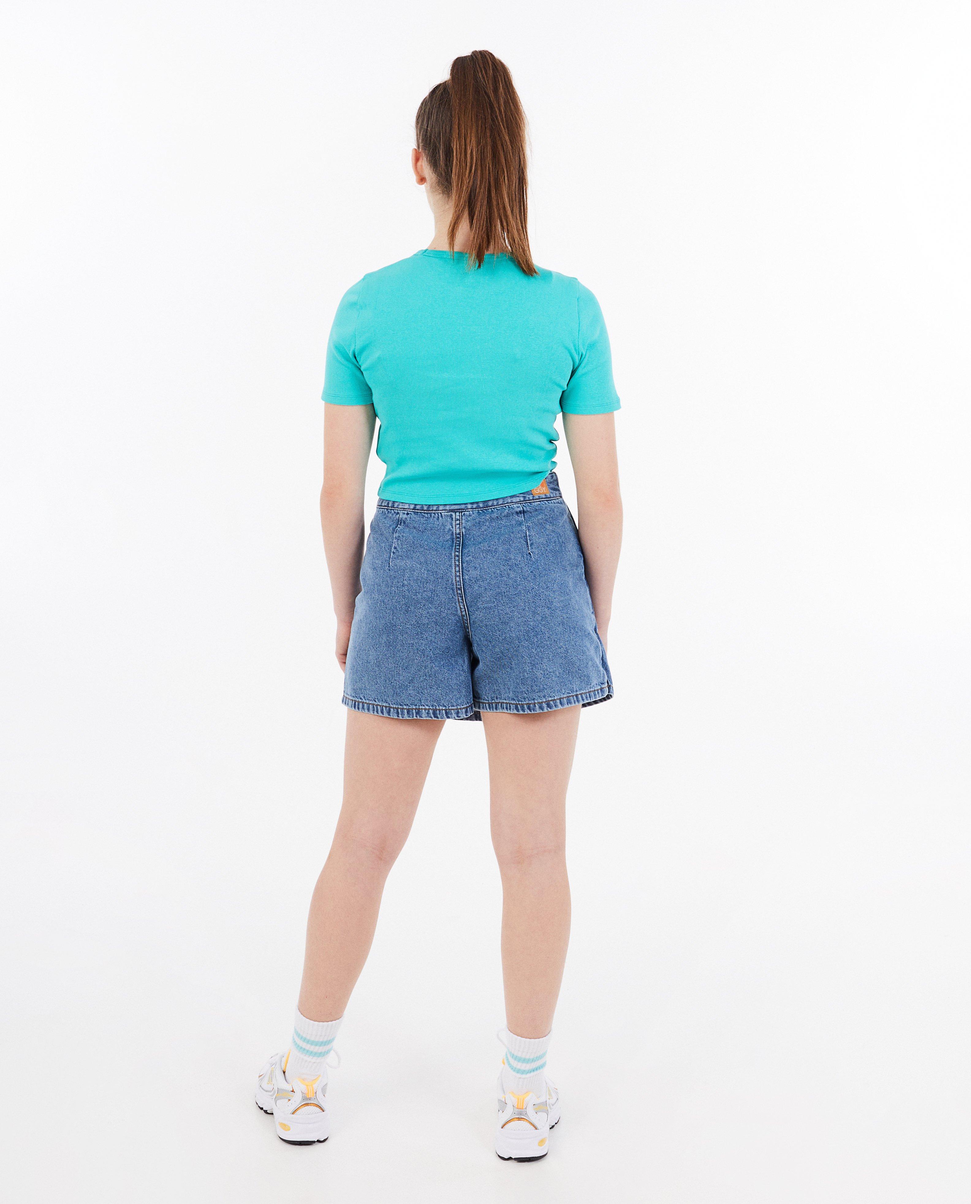Groggy T-shirt med fina ribbstickade detaljer, cropped fit blå