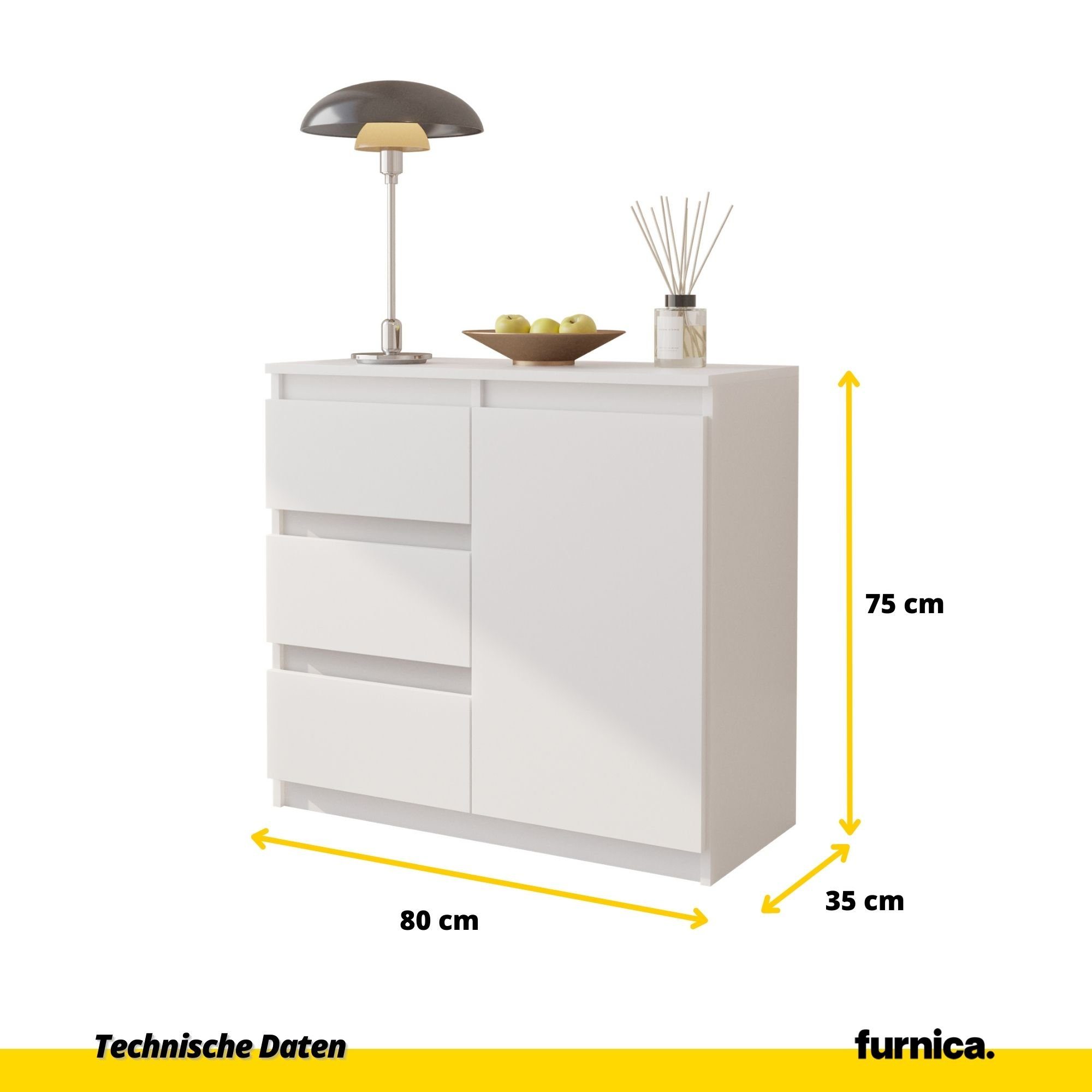 Furnica Kommode MIKEL, 3 Schubladen und 1 Tür - Weiß Matt H75cm B80cm T35cm (1 St)