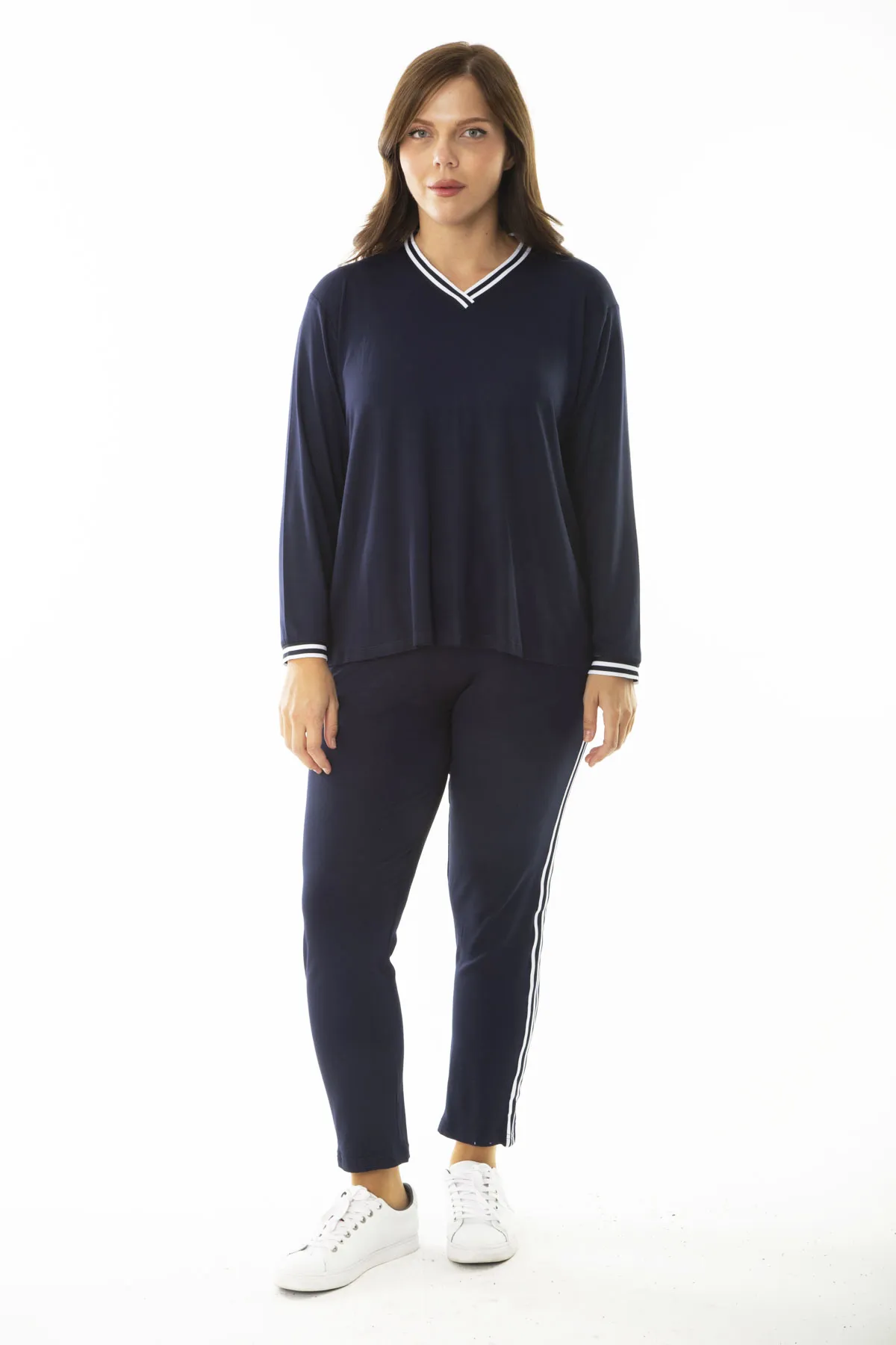 Şans  Damen-Trainingsanzug, große Größe, marineblau, gerippt, langärmelig, Bluse, Hose, 65N36972