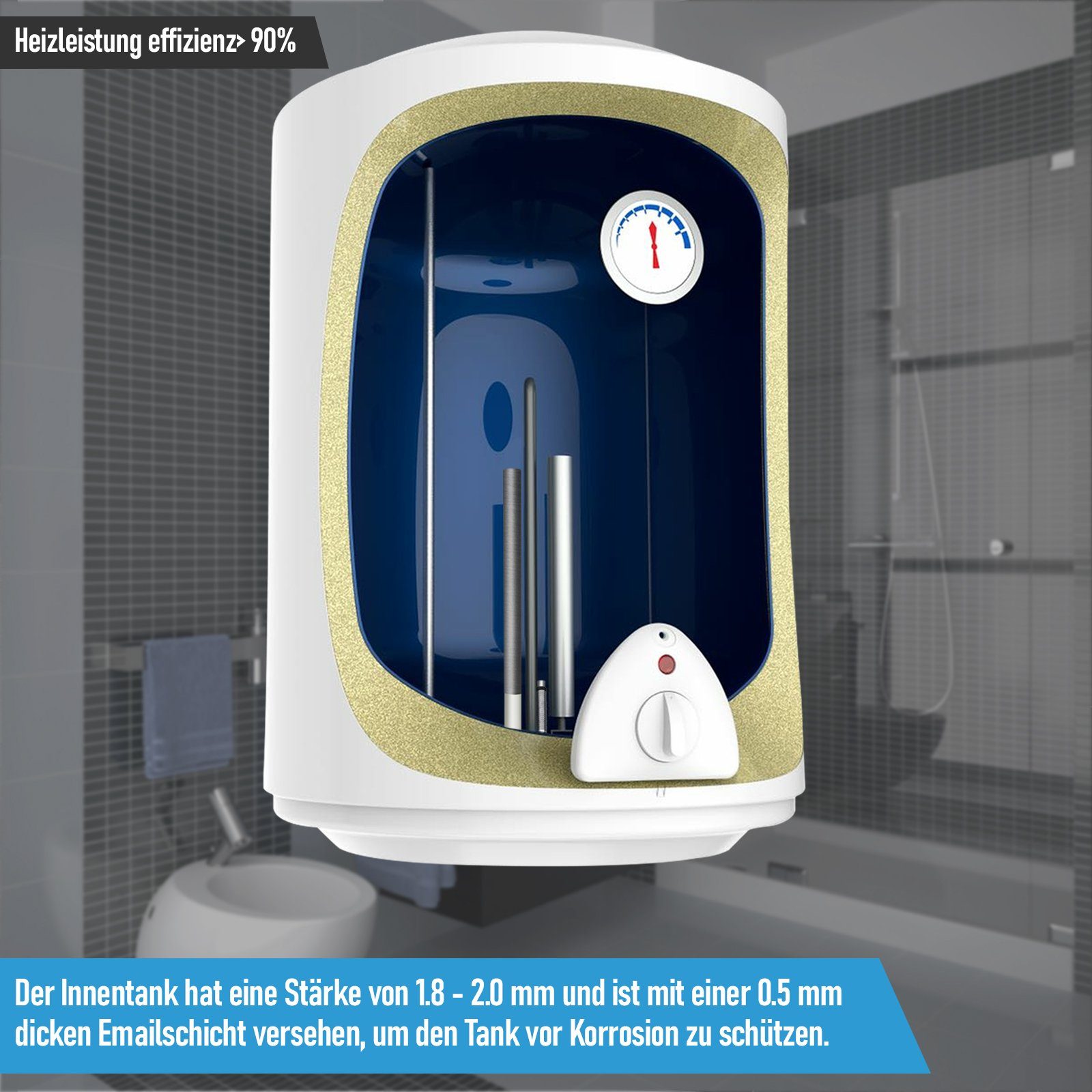 Aquamarin Wandspeicher Elektro Warmwasserspeicher - 30,50,80,100 Liter, 1500W Heizleistung