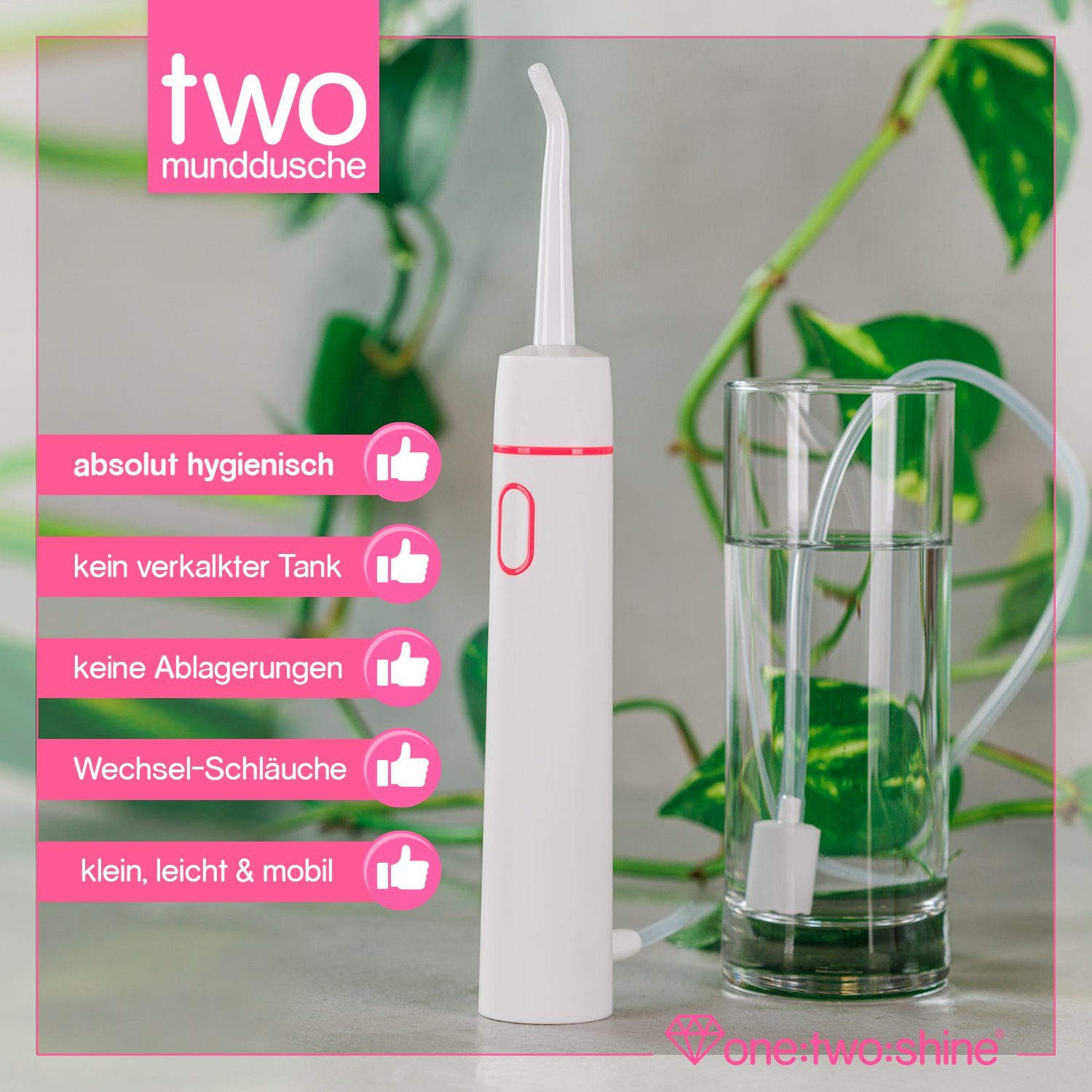 one:two:shine Reise-Munddusche TWO, klein, leicht, kabellos & elektrisch für Urlaub & Reise, mit, Aufsätze: 3 St., zur effektiven Zahnzwischenraumreinigung