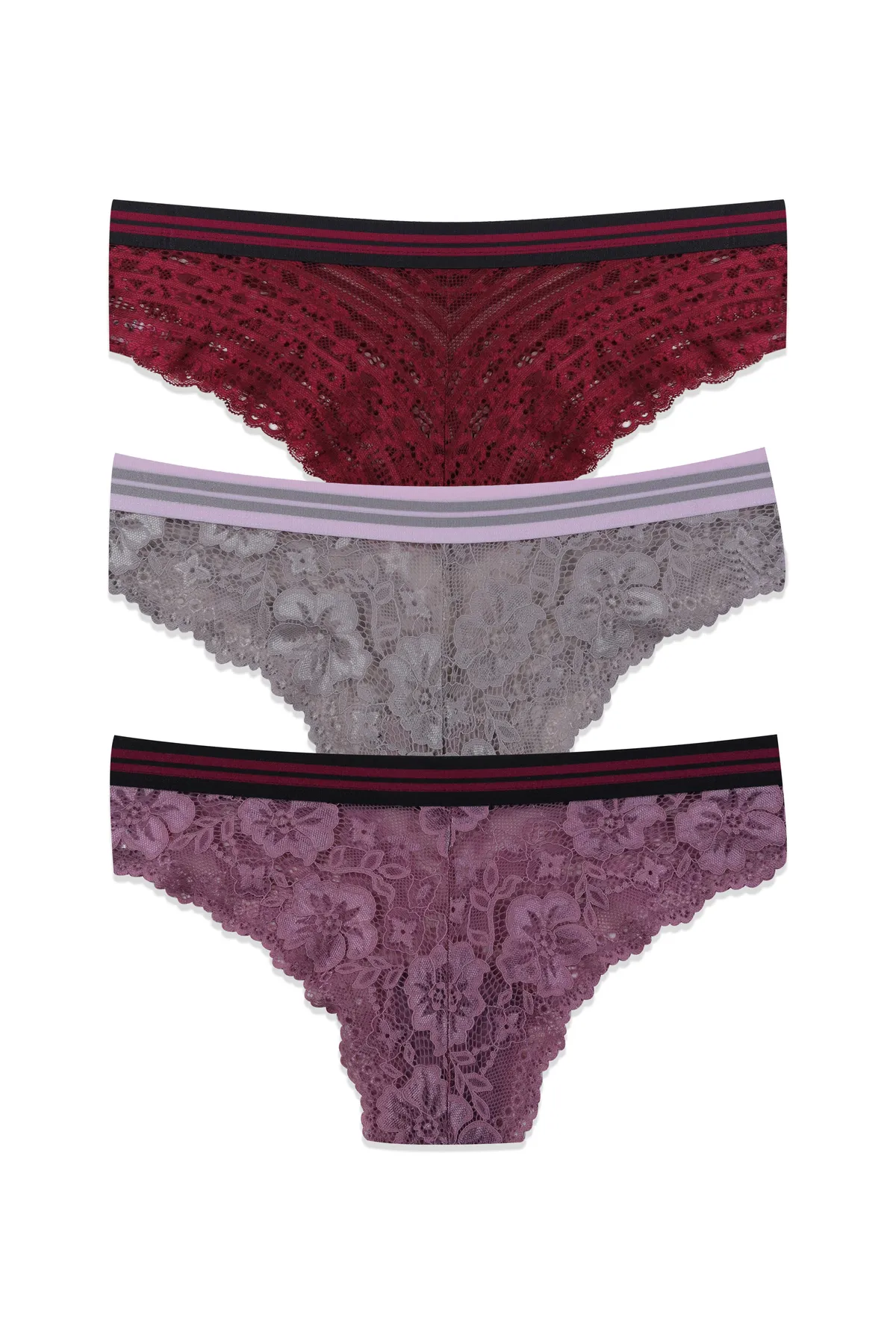 koza iç giyim  3-teiliges Höschen aus gestreifter elastischer Spitze für Damen