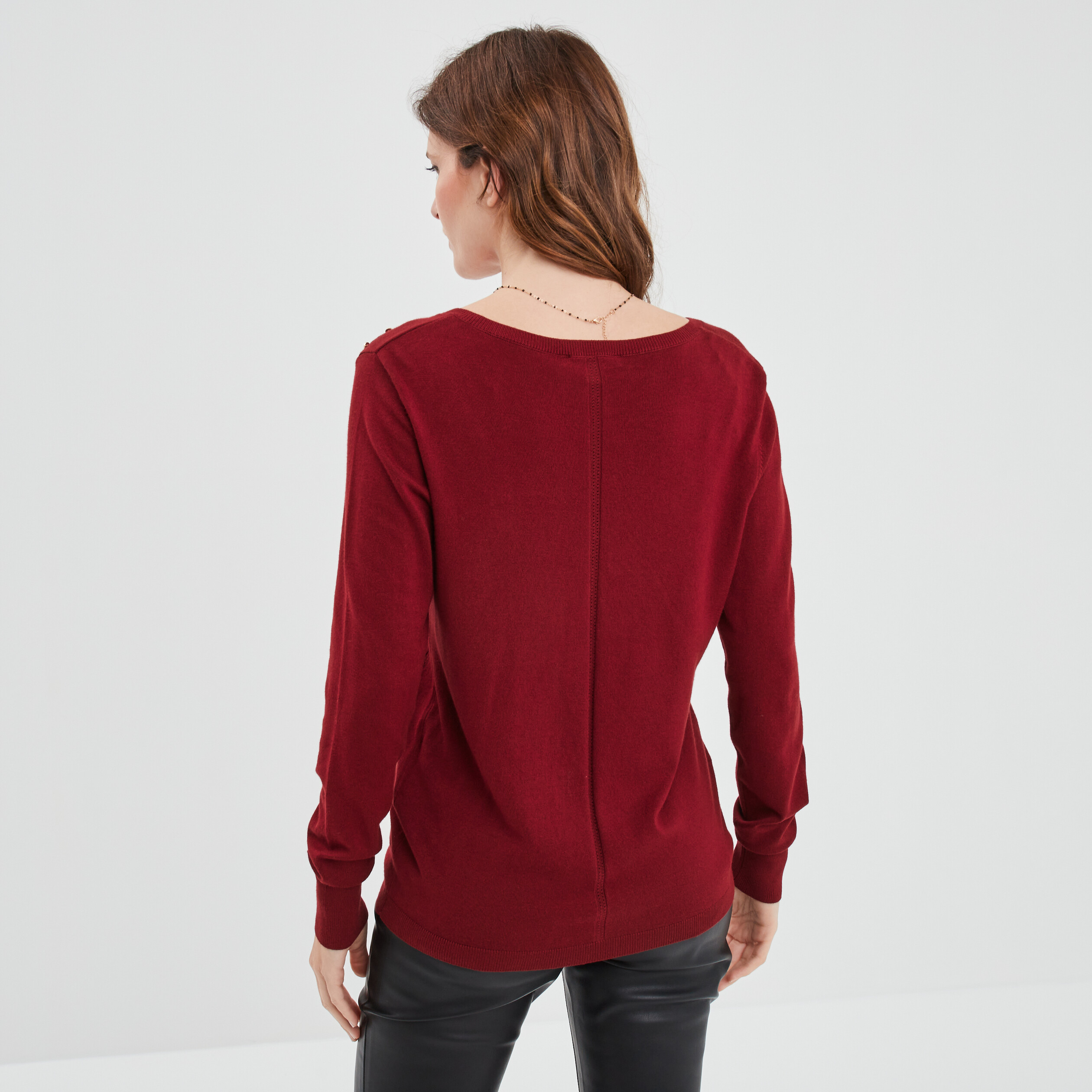 Pull col en V détails ajourés bordeaux femme | La Halle