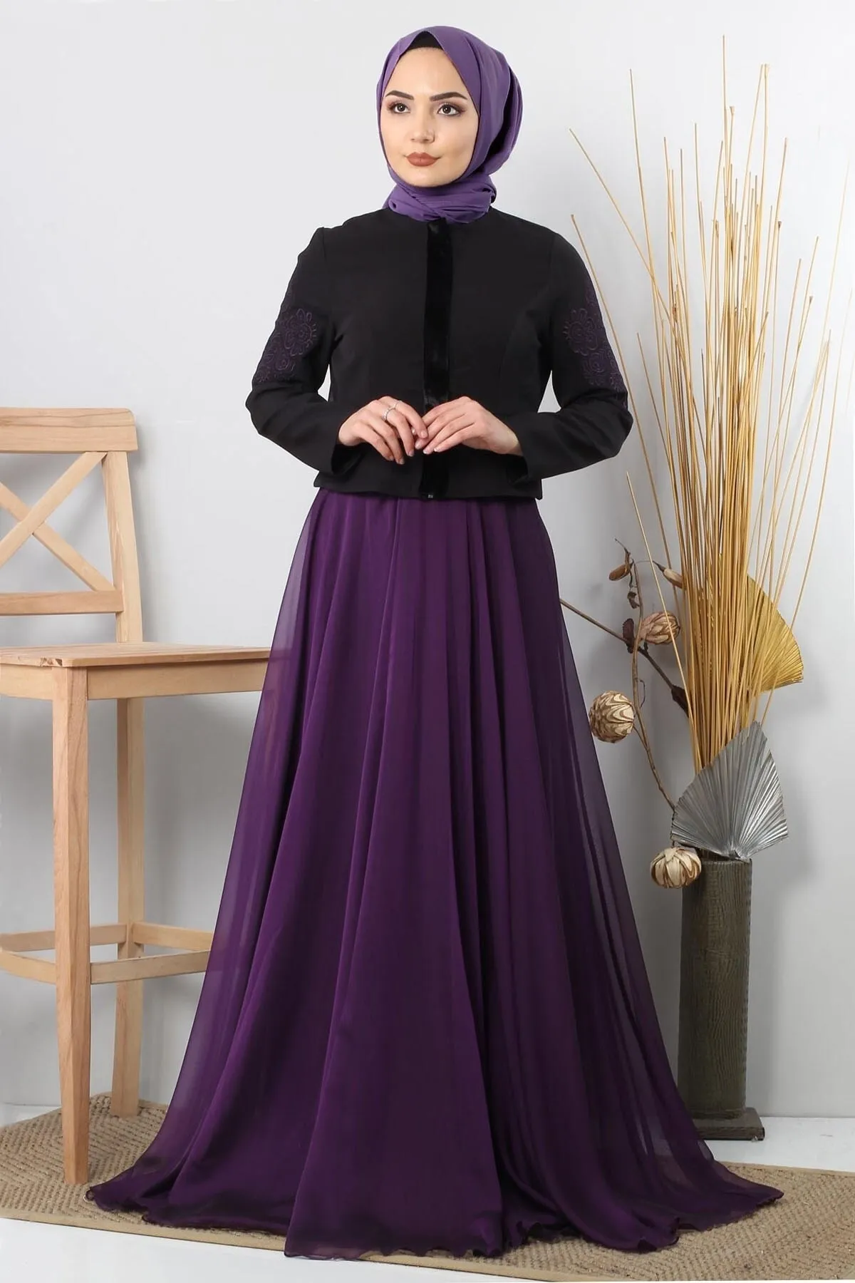 Modamihram  Jacke mit bestickter Hijab-Kombination Lila 8942