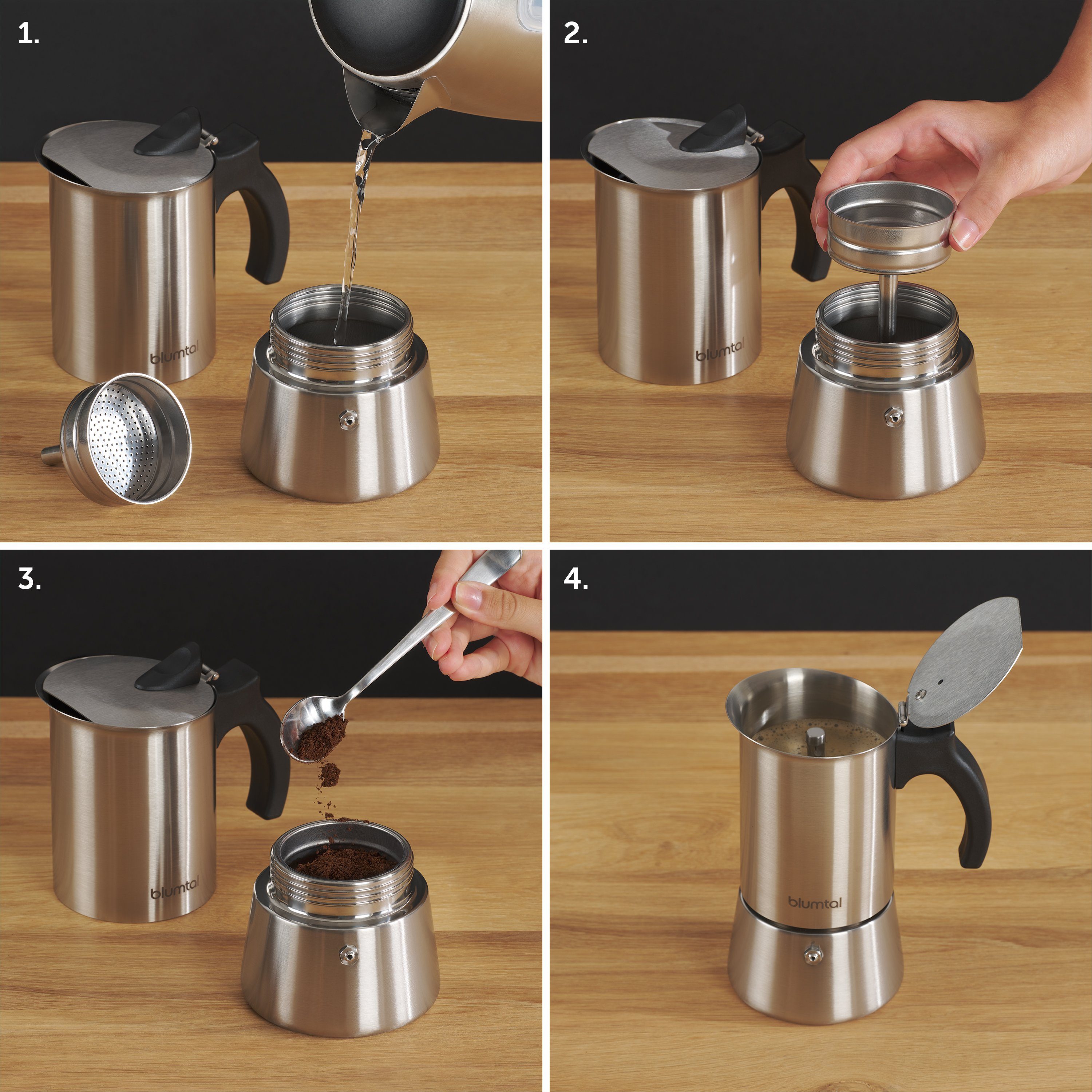 Blumtal Espressokocher Espressokocher Edelstahl - aluminiumfreie Mokkakanne, für alle Herdarten, nichtrostende Mokakanne, Ersatzdichtung und Ersatzfilter, Camping Kaffeekocher, mit verstärkter Wand, Ersatzdichtung und Ersatzfilter