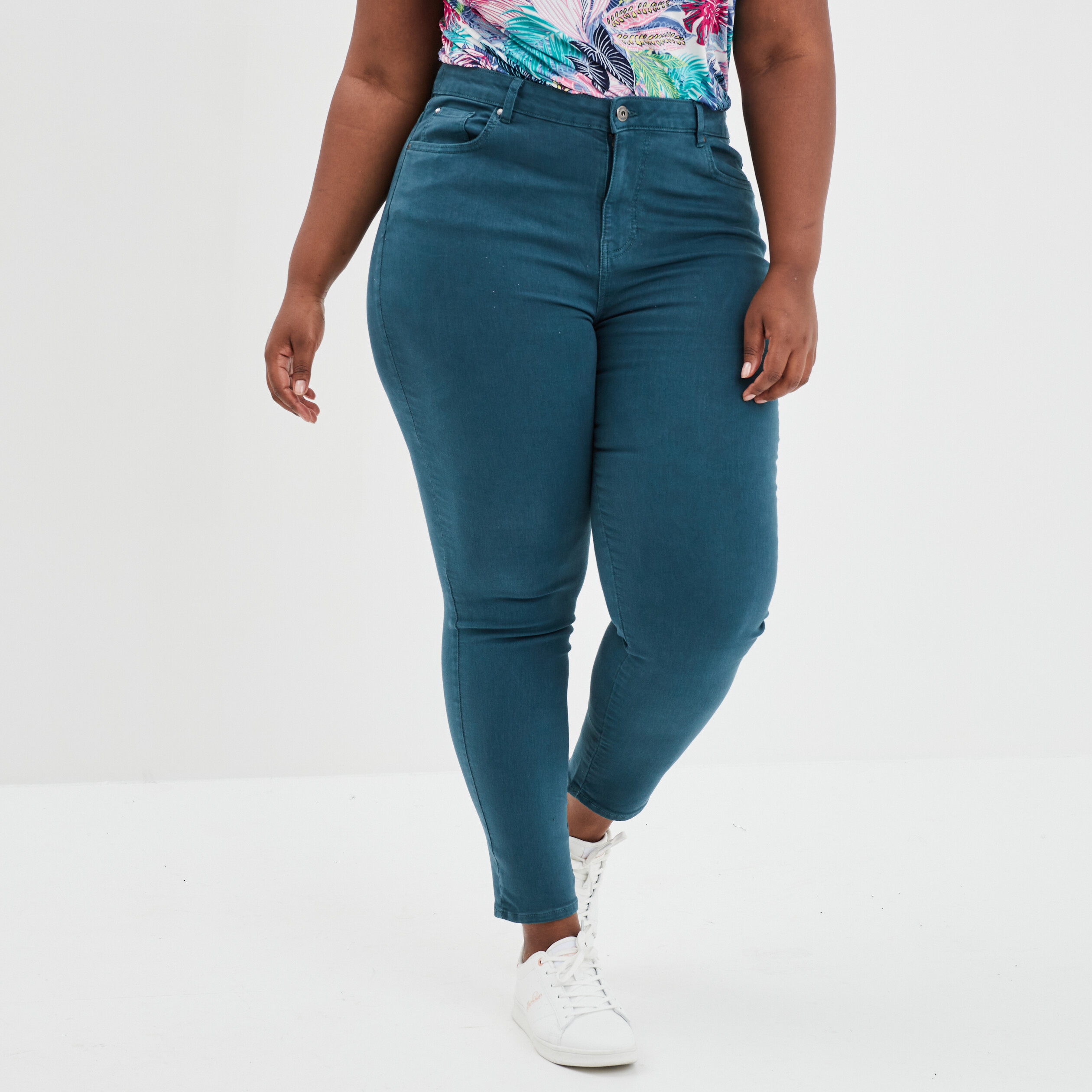 Pantalon slim taille haute 5 poches bleu canard femme grande taille | La Halle