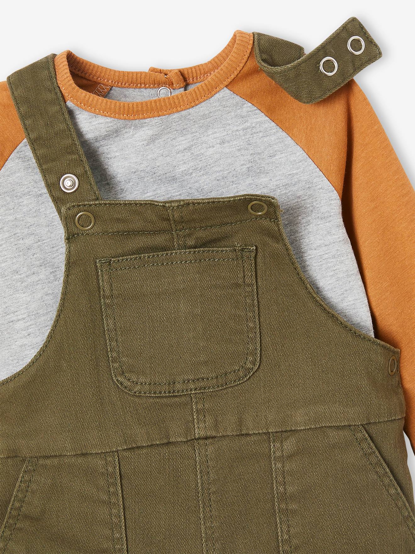 Ensemble 3 pièces bébé salopette, T-shirt et bandana kaki