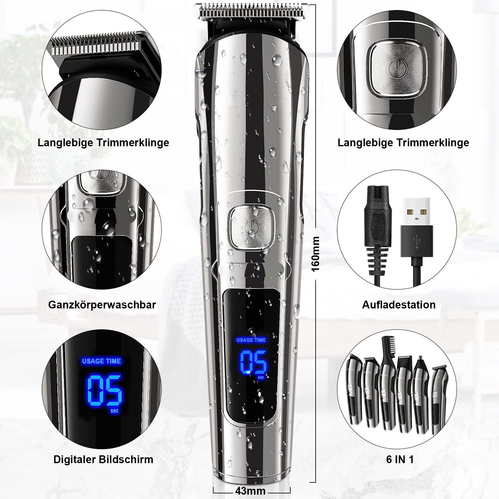 Aoucheni Haarschneider 6 in 1 Haarschneidemaschine Set, Profi Haarschneider Herren, für Gesicht, Körper, Schnurrbart, Nasenhaare, Elektrischer Rasierer, Barttrimmer Nasenhaartrimmer Körperhaartrimmer