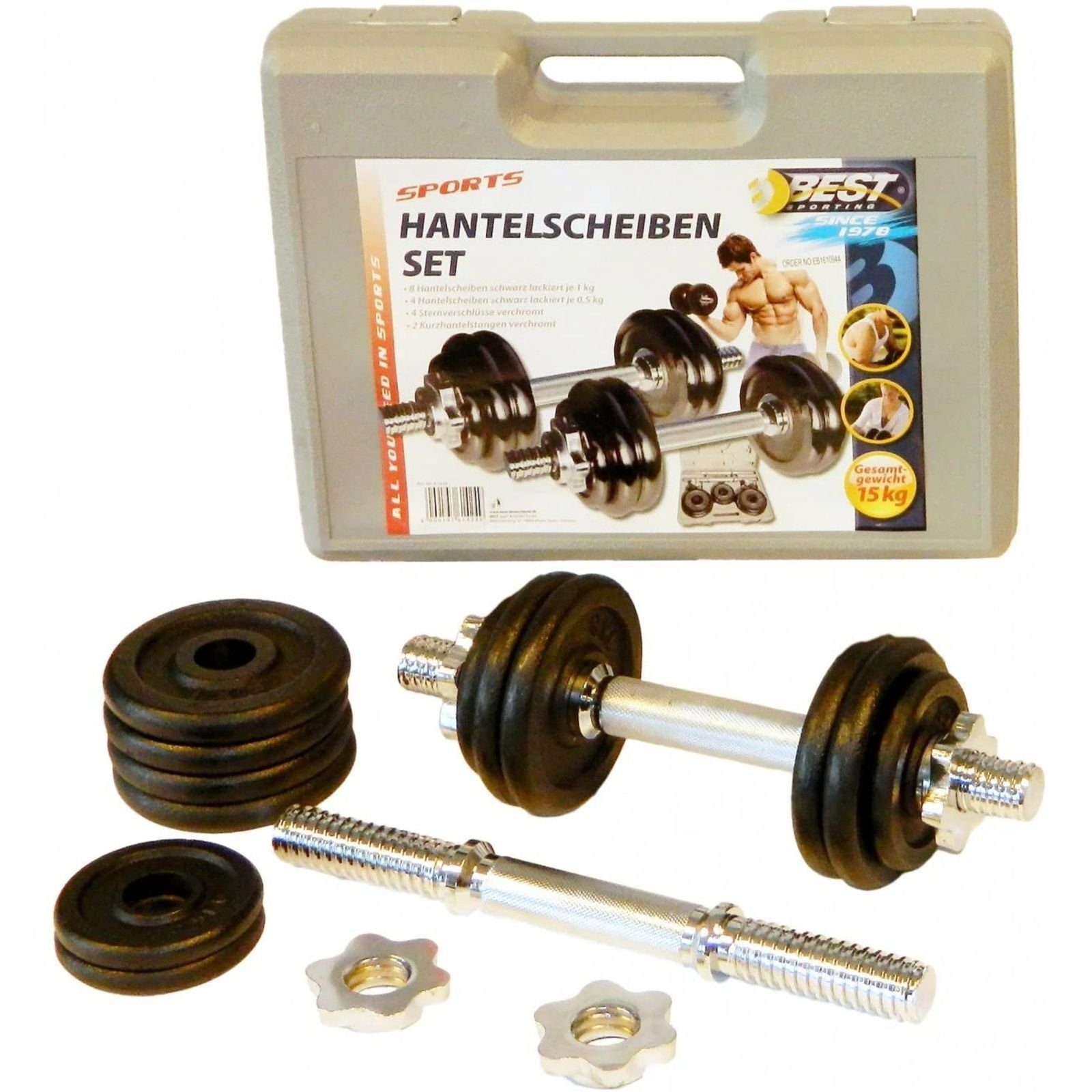 Best Sporting Hantel-Set 2er Hantelset Kurzhantel Hantelkoffer Set 15 kg aus Gusseisen mit Stellringen, Hanteln verstellbar für Männer und Frauen - Für Dein Workout mit Dumbbells - Adjustable Dumbbell Set