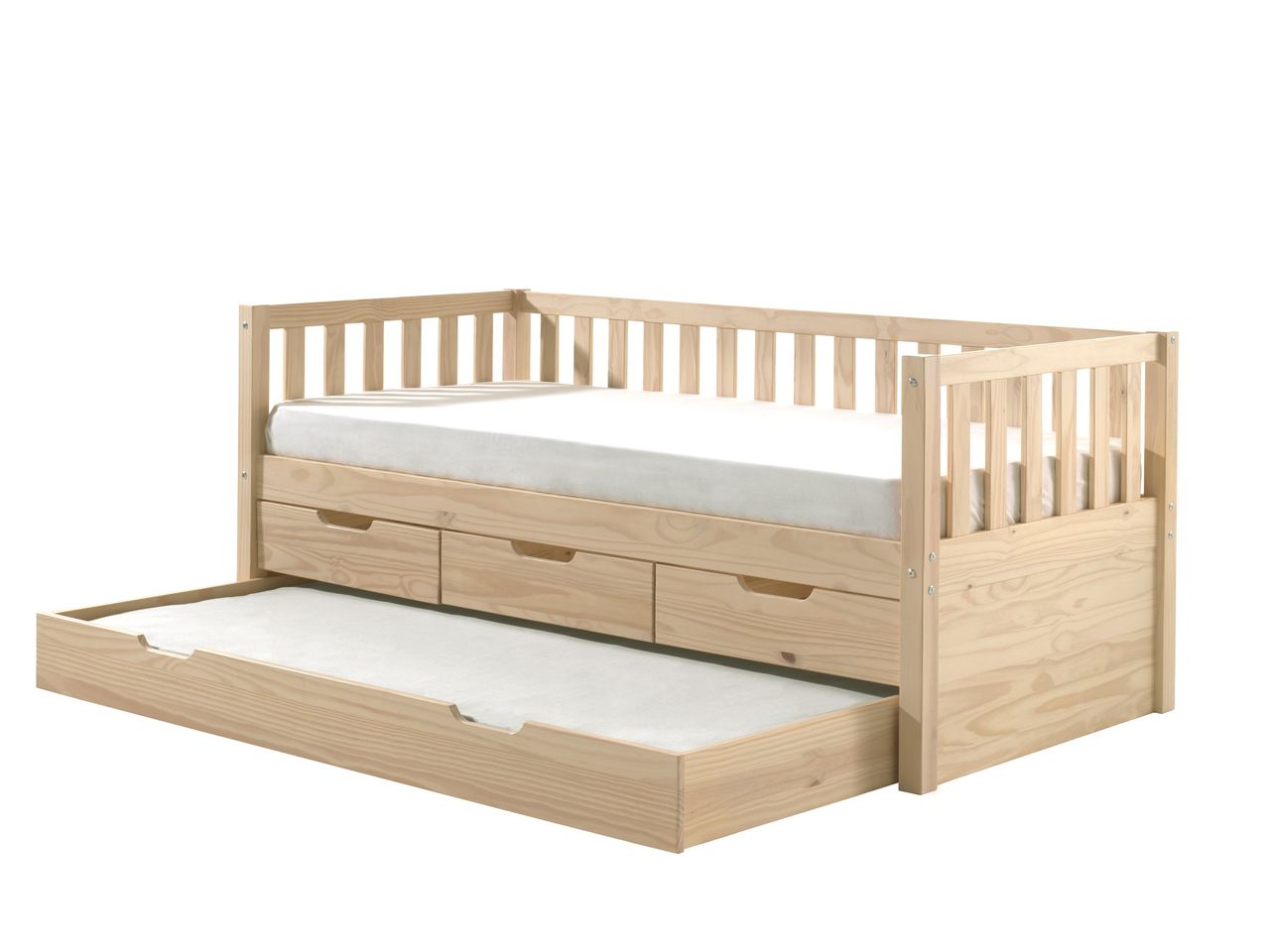 VIPACK Kojen Bett Fritz mit Sprossenumrandung, 3 Schubladen u. Rolllattenrost, Liegefläche 90 x 200, inkl. Bettschublade, Ausf. Milky White lackiert