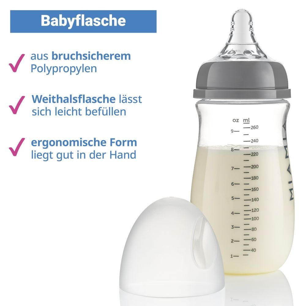 MiaMia Babyflasche PP-Flaschen Starter Set, 6 PP-Flaschen, Trinksauger, Milchportionierer, Bürste, Abtropfständer