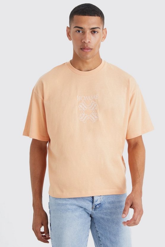 Kastiges T-Shirt mit Homme-Stickerei