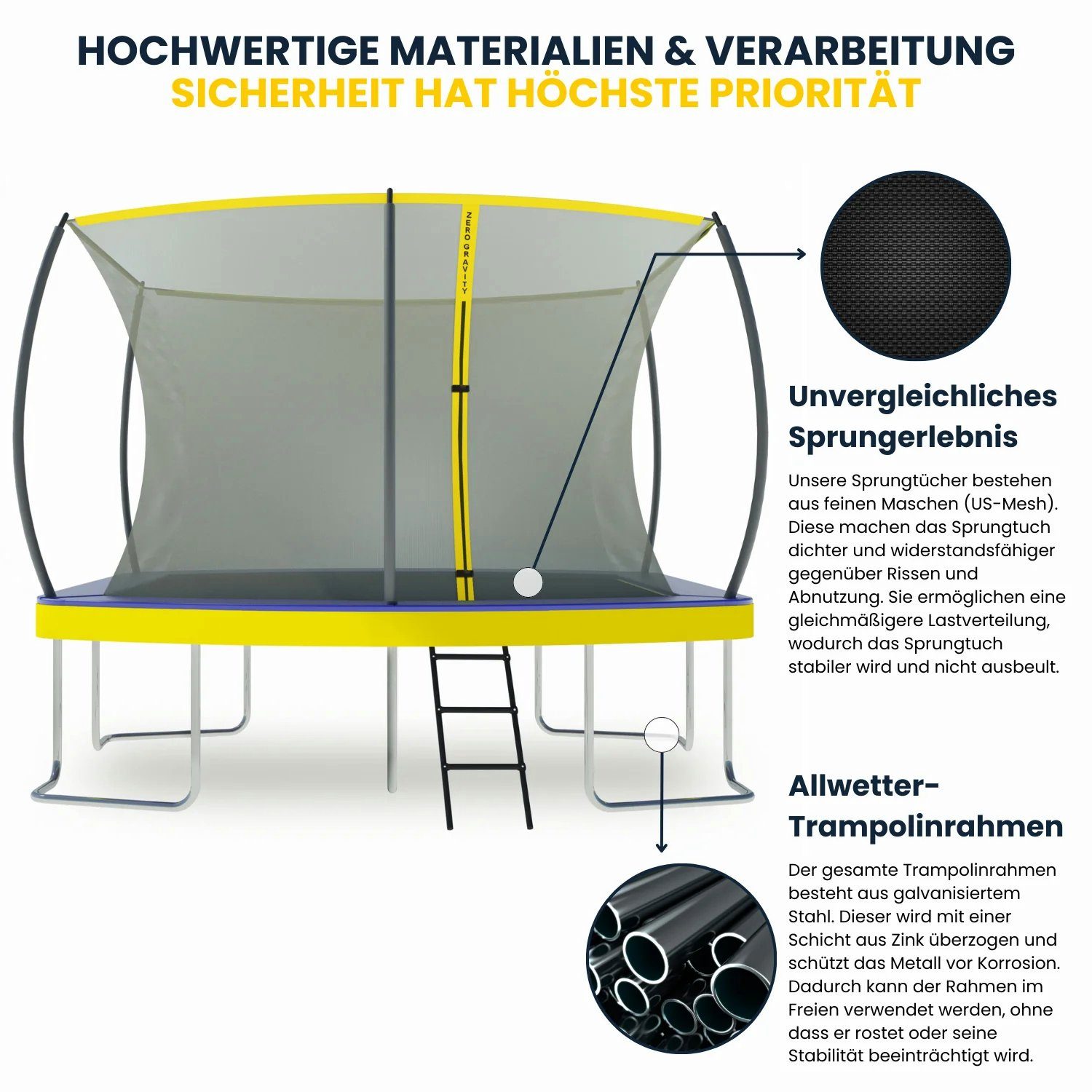 Zero Gravity Gartentrampolin oval/rechteckig, inkl. Leiter & Sicherheitsnetz, TÜV zert., 3 Größen:, 305 x 213 cm, 366 x 244 cm, 457 x 366 cm