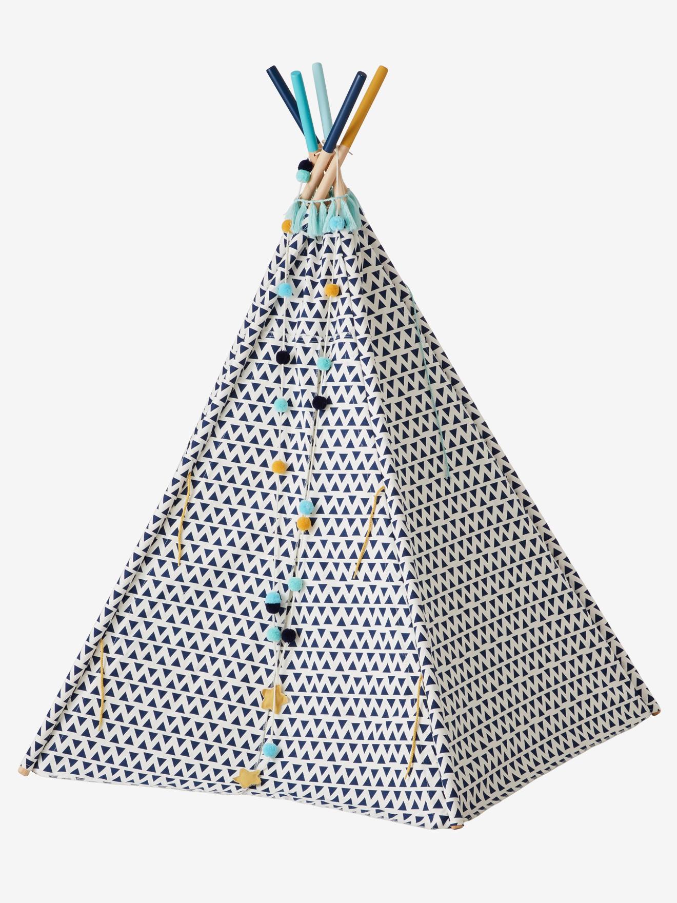 Vertbaudet Kinder Spielzelt SIOUX, wendbares Tipi mit Holzstangen, FSC - weiß/blau bedruckt