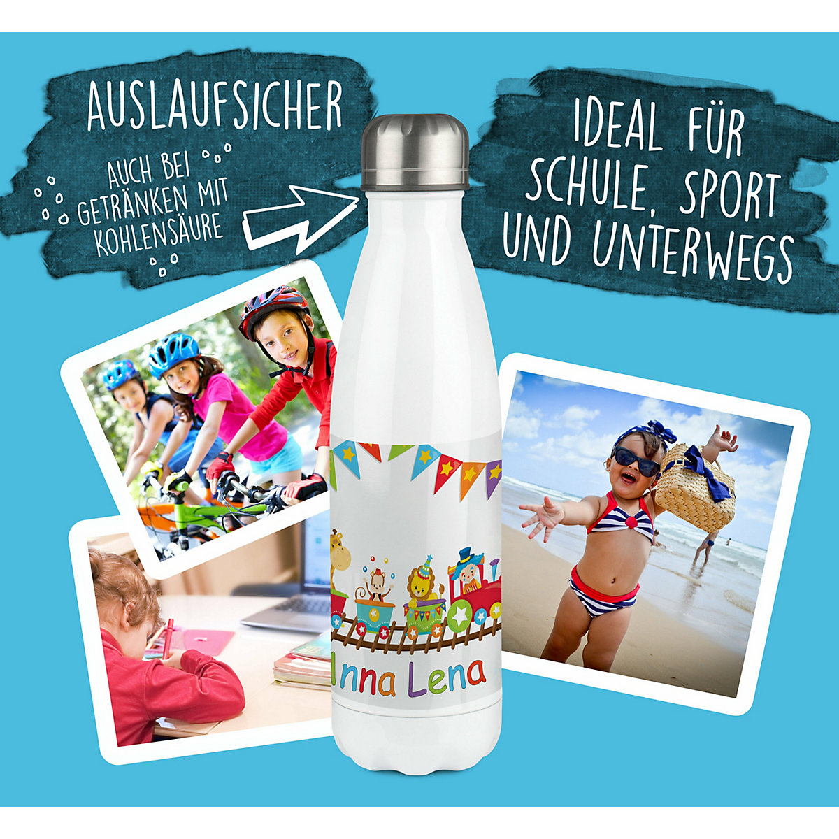 Edelstahl Kinder Thermoflasche / Trinkflasche bunt Zug Spülmaschinenfest, Auslaufsicher, Bruchfest, Doppelwandig, Für Heißgetränke geeignet, Mit Deckel, Isoliert