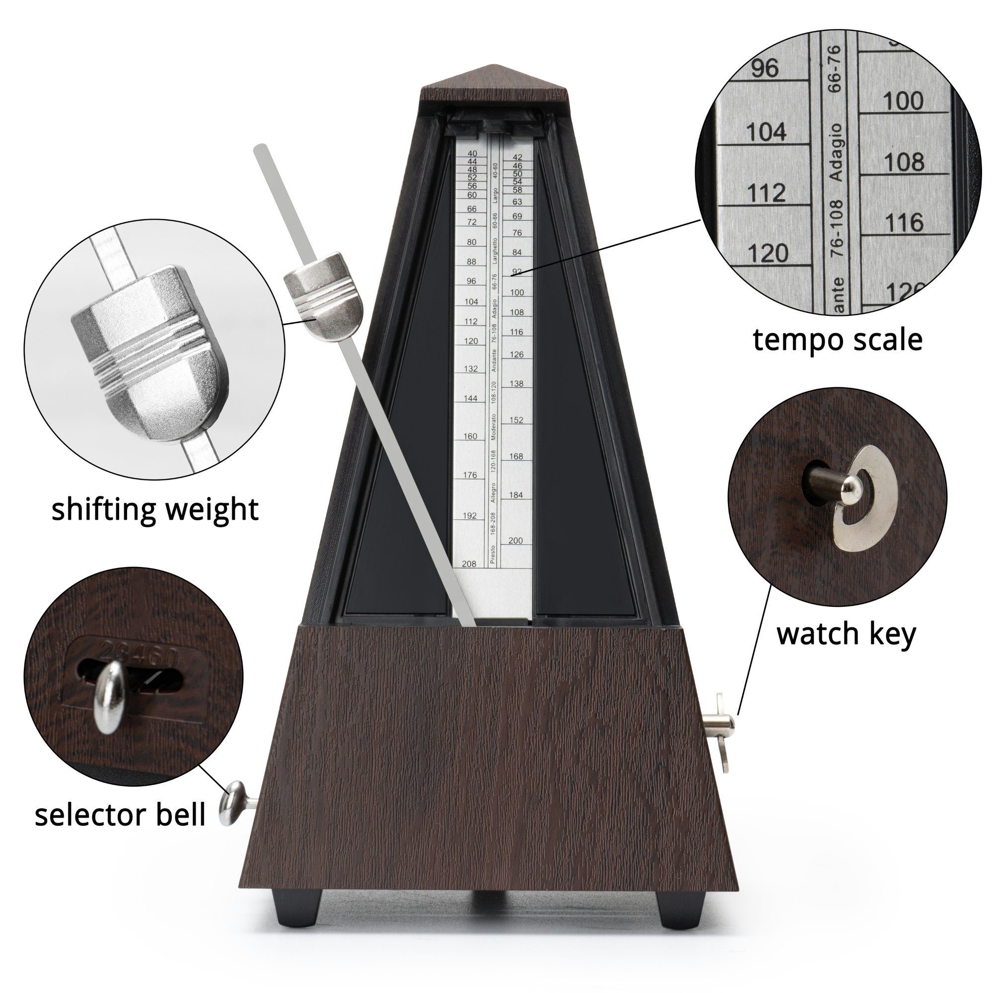 Steinmayer Metronom mit Glocke - 40-208 Schläge pro Minute, Mechanischer Taktgeber in Pyramidenform - 4 Taktarten