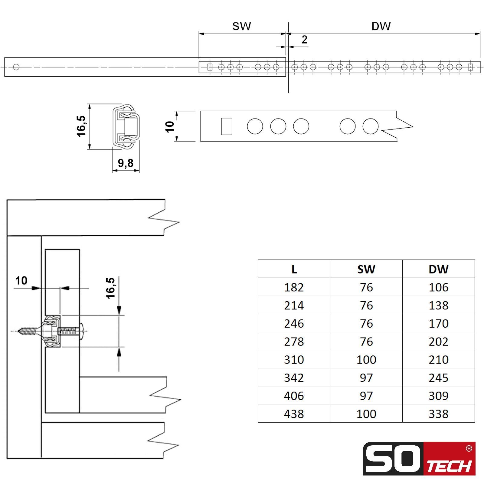 SO-TECH® Auszug Kugelauszug Teilauszug KT1-10-H17-NF-MS, Länge 278 mm, 1 Paar inkl. Montageschrauben-Set