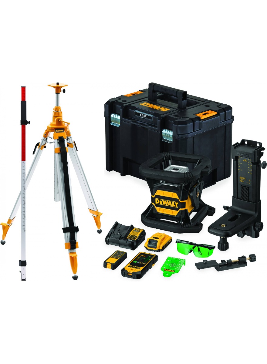 DeWalt DCE080D1GS-SET 18V 2,0Ah Li-Ion rotační zelený laser + DE0737 měřicí pravítko + DE0736 stativ 5/8