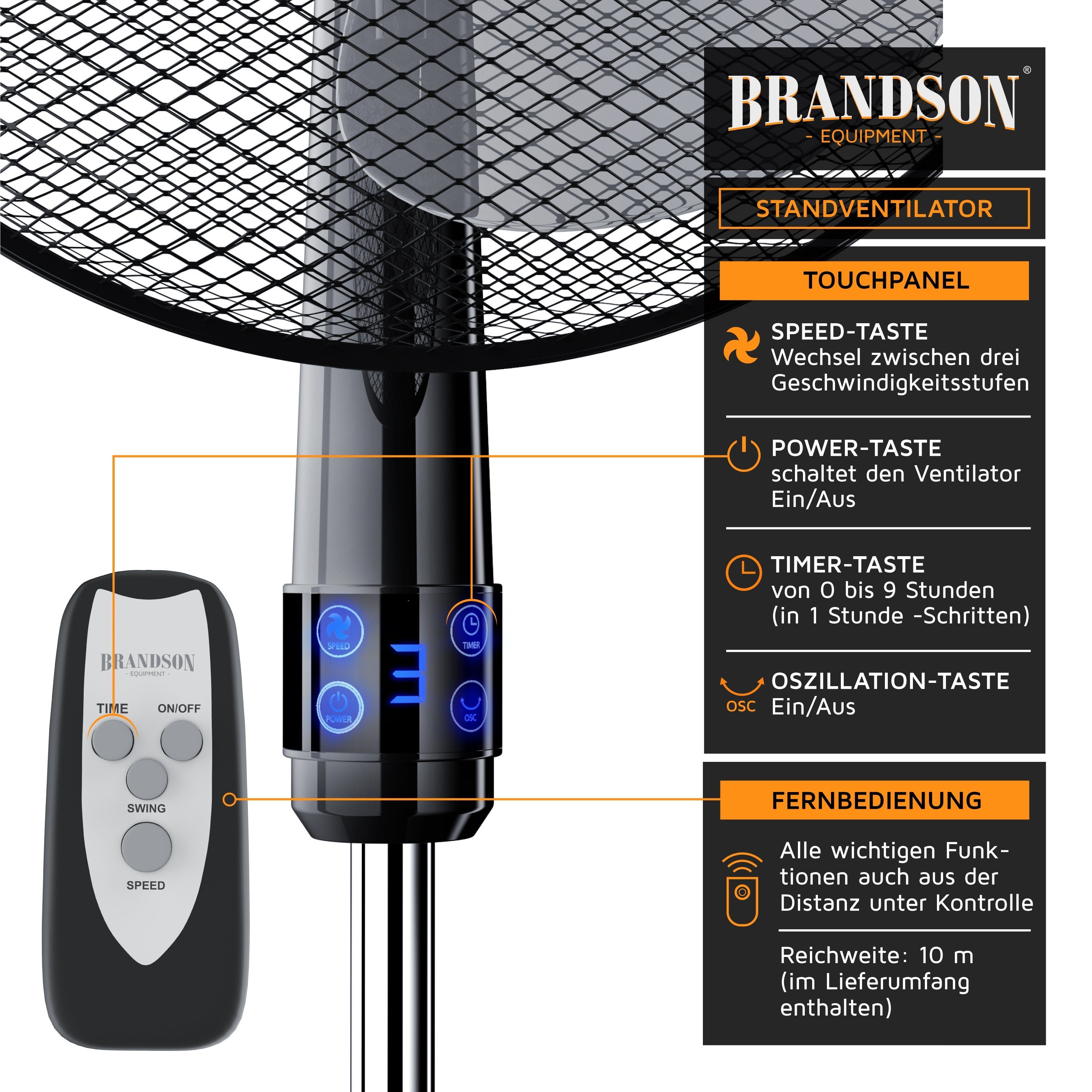 Brandson Standventilator, 40,5 cm Durchmesser, Fernbedienung, leise, Höhe & Neigung verstellbar, Oszillation, 50W