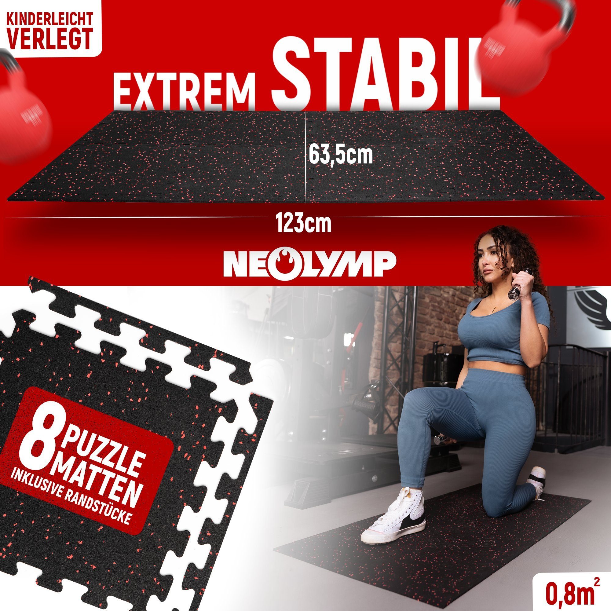 NEOLYMP Bodenmatte Profi-Sportboden SF210 1 Stück (8 Puzzlestücke inkl. Randteile), Premium-Studioqualität, Naturkautschuk, Dichte von 7100g/m³