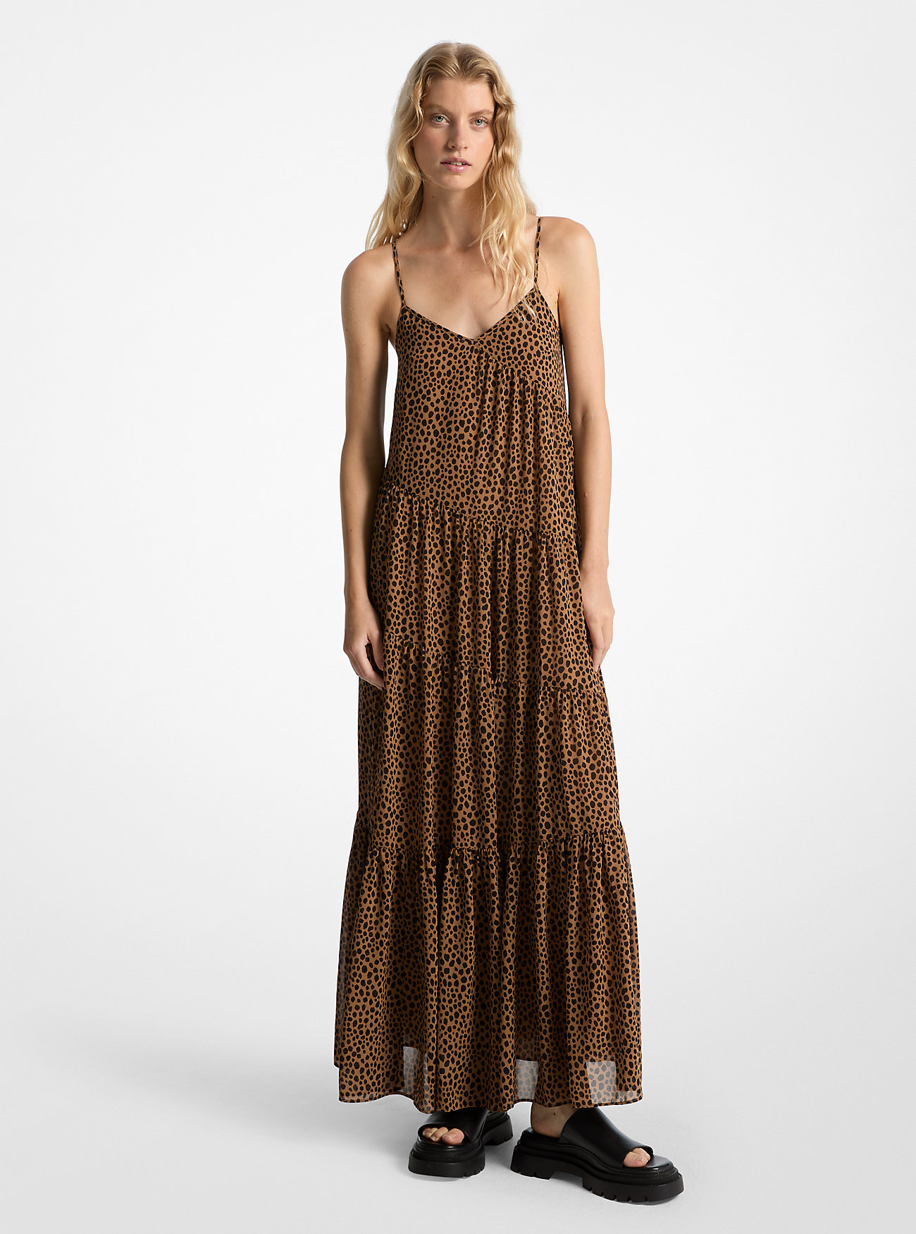 Cheetah Print Georgette Tiered Maxi Dress - CAFE