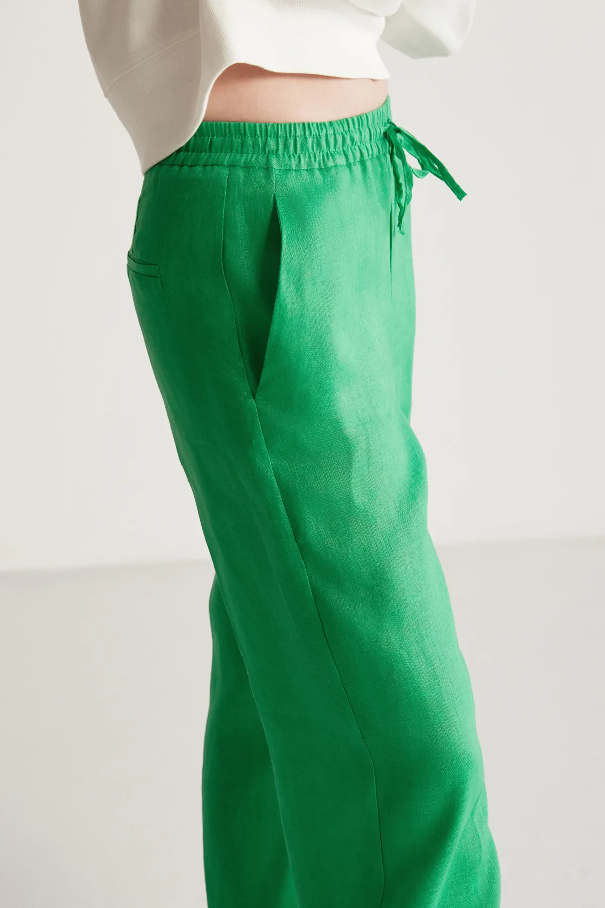 GRIMELANGE  Sadıe Damen-Hose aus 100 % Leinen, entspanntes Muster, grün, mit elastischem Bund