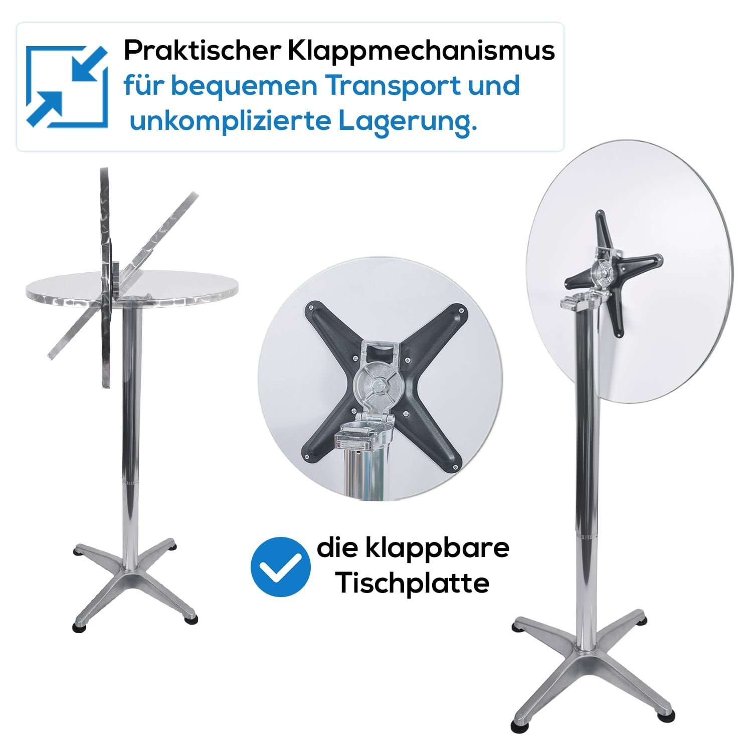 TroniTechnik Klapptisch Stehtisch Bistrotisch klappbar Ø 60cm, Aluminium und Edelstahl (in Weiß aus Aluminium, für Terrasse, höhenverstellbar bis 110cm), 2in1 Ø 60cm, wetterfest