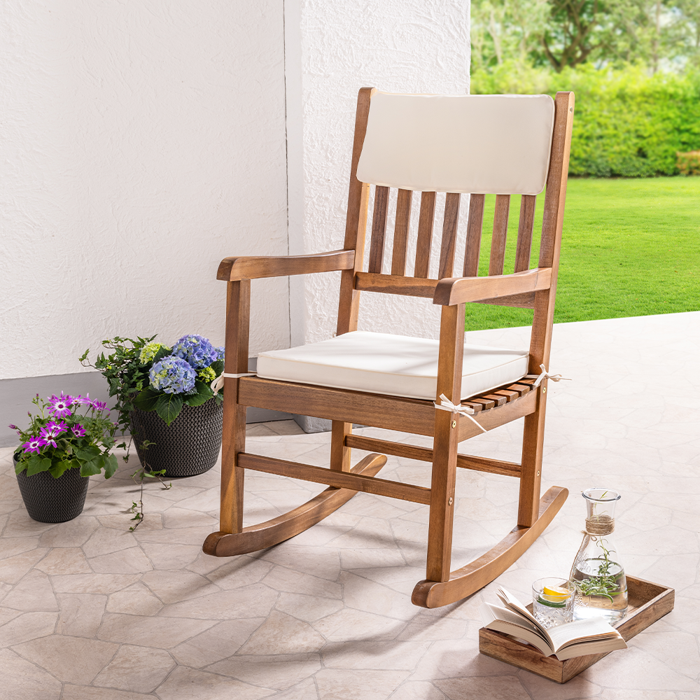 HC Garten & Freizeit Schaukelstuhl Akazie mit Rücken- und Polsterkissen 76 x 54 x 105 cm braun