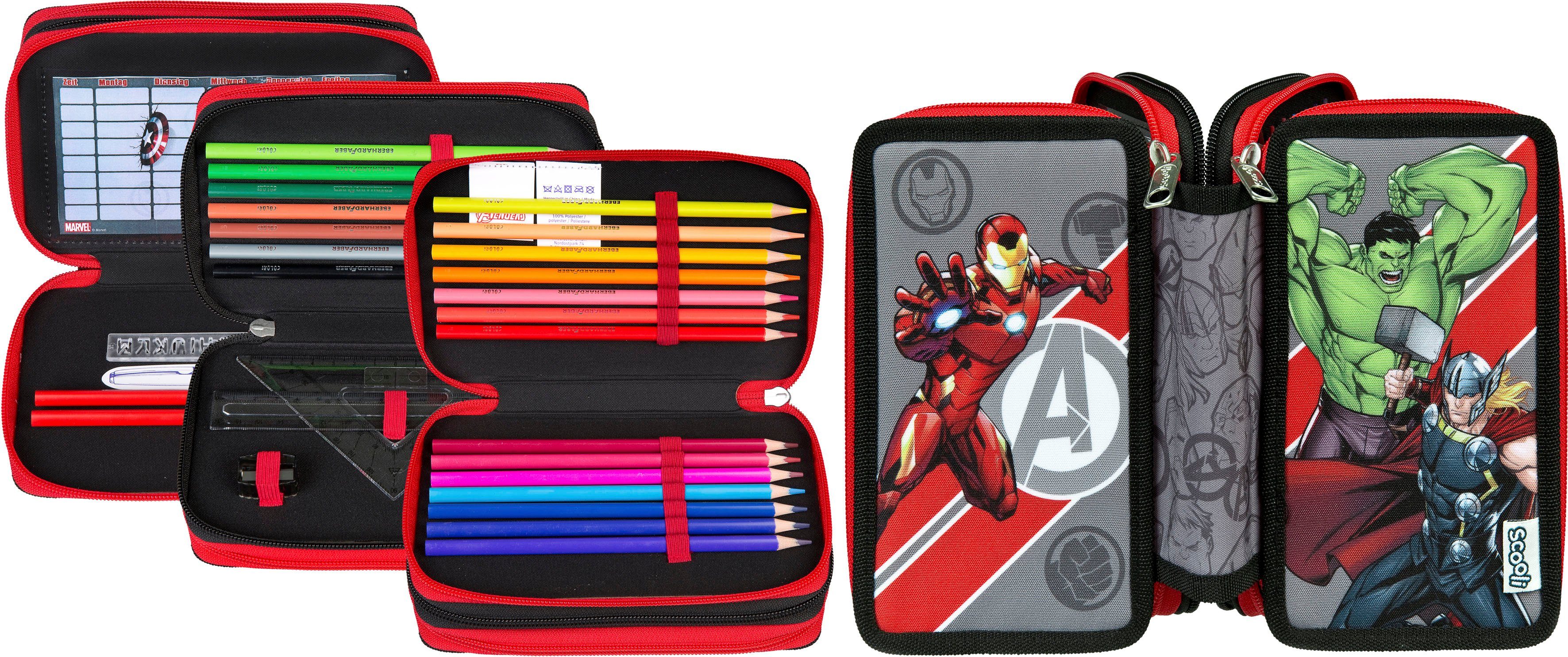 Scooli Federmäppchen Tripledecker, Avengers, befüllt, inklusive Geodreieck