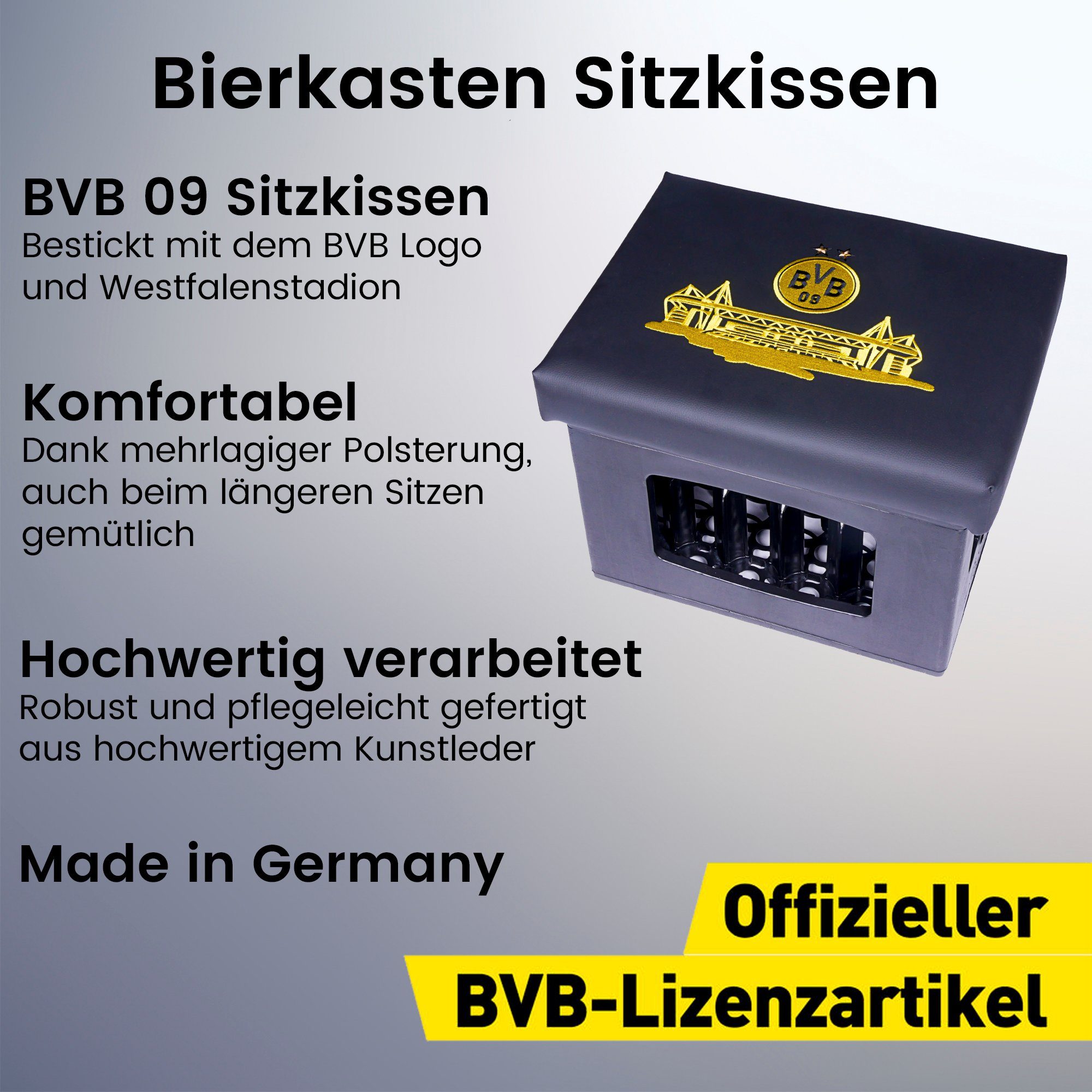 Borussia Dortmund Sitzkissen für Bierkisten, BVB 09 Bierkasten Sitz, Sitzauflage, Kunstleder mit dicker Polsterung