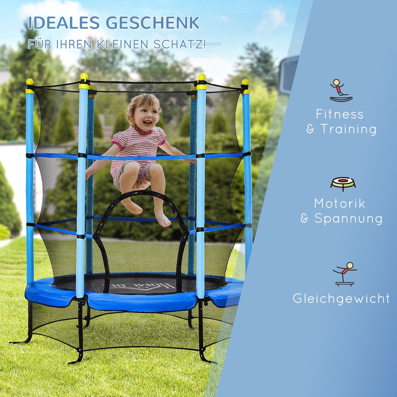 HOMCOM Trampolin Ø163 cm Gartentrampolin Mini-Trampoline für Kinder mit Sicherheitsnetz Randabdeckung Kleinkind-Trampolin für drinnen und draußen springen Gummiseil gepolstert Stahl Blau bis 45 kg