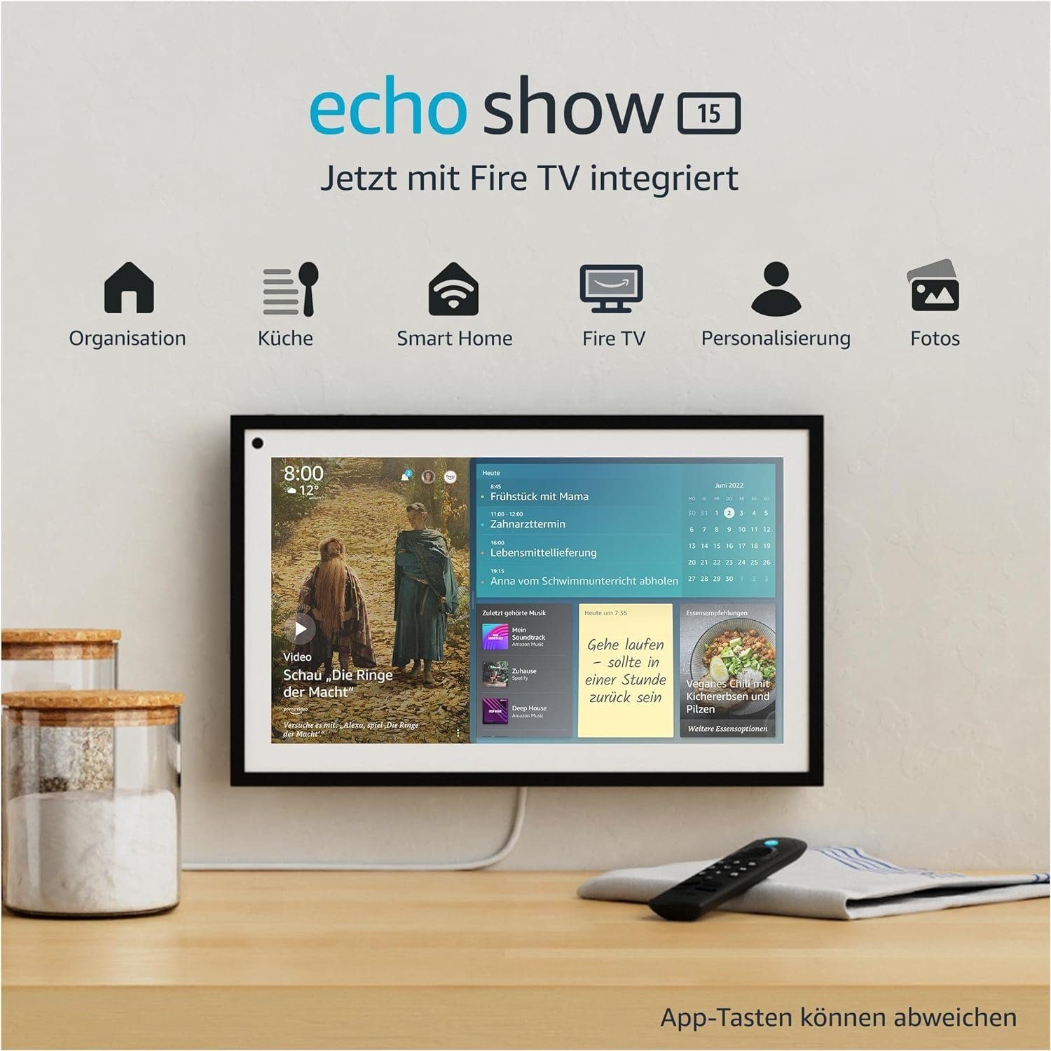 Amazon Echo Show 15 + Fernbedienung, Alexa Fire TV intergriert Wandmontage Sprachgesteuerter Lautsprecher (WLAN (WiFi), Bluetooth, Wi-Fi 6, Smart Display, Bluetooth, WLAN, Full HD, 1920 x 1080)